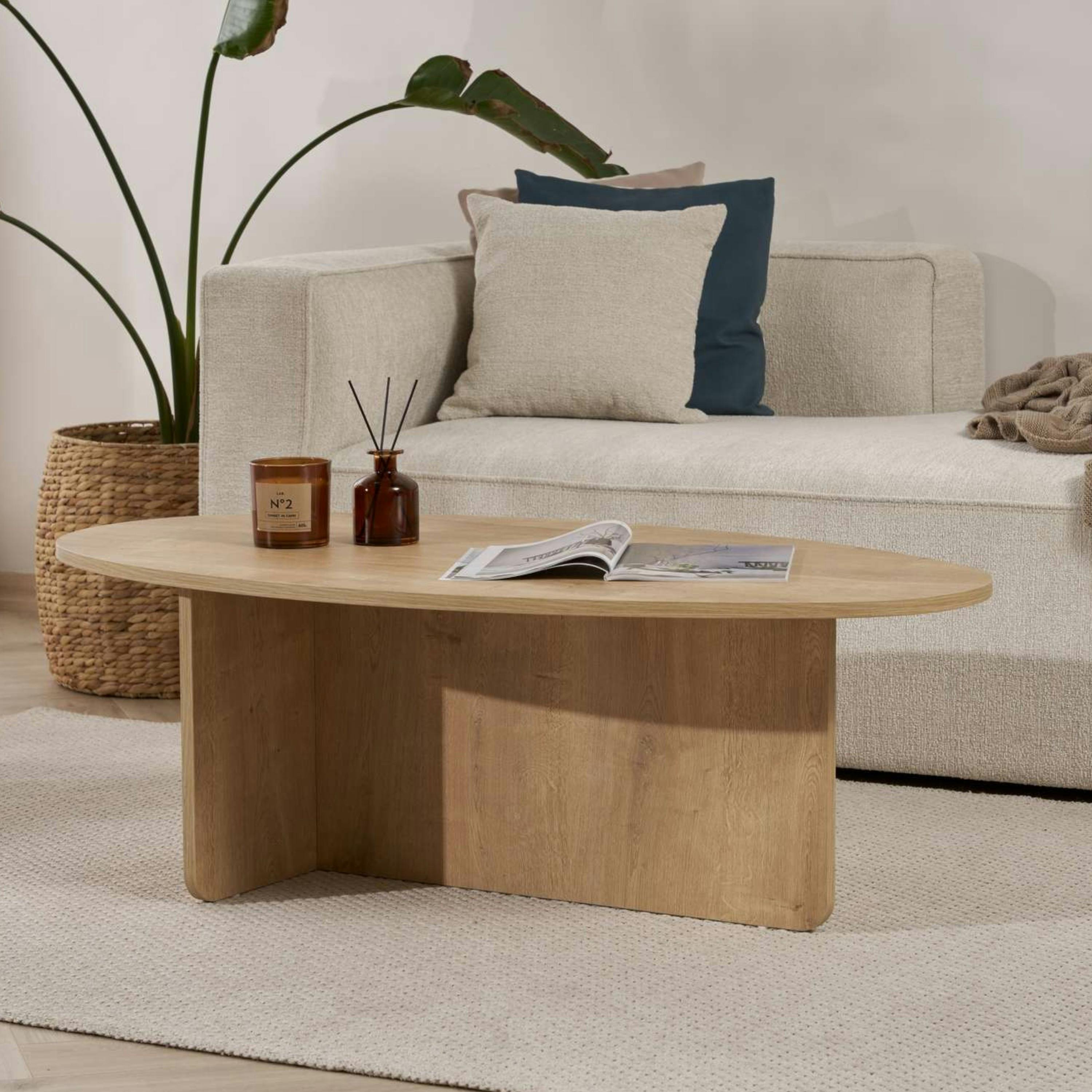 Table basse moderne ovale effet bois clair – pied en T MARFA