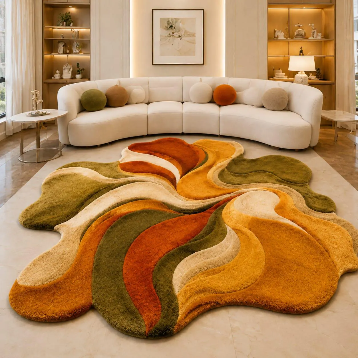 Abstract Hand Tufted Area Rug, Modern Organic Wave Rug, Olive Green Rust Orange Mustard Yellow Wool Rug, Mid Century Statement Floor Decor