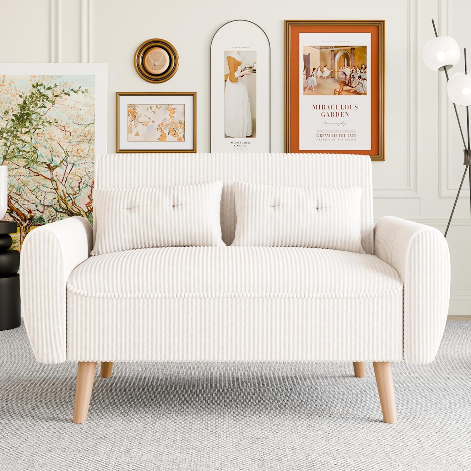 Vongrasig 48 Small Modern Loveseat Sofa, Mid Century Soft Corduroy Fabric 3-Seat Sofa Couch Tufted with Back Cushions and Tapered Legs for Living Room, Bedroom and Small Space, White
