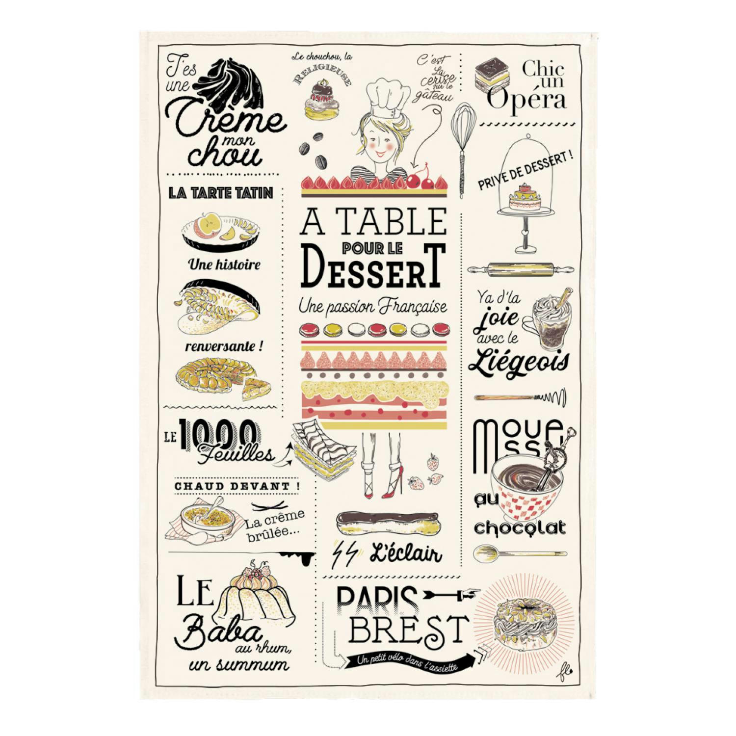 GASTRONOMIE ET VIN - Torchon les desserts français en coton ecru 48 x 72
