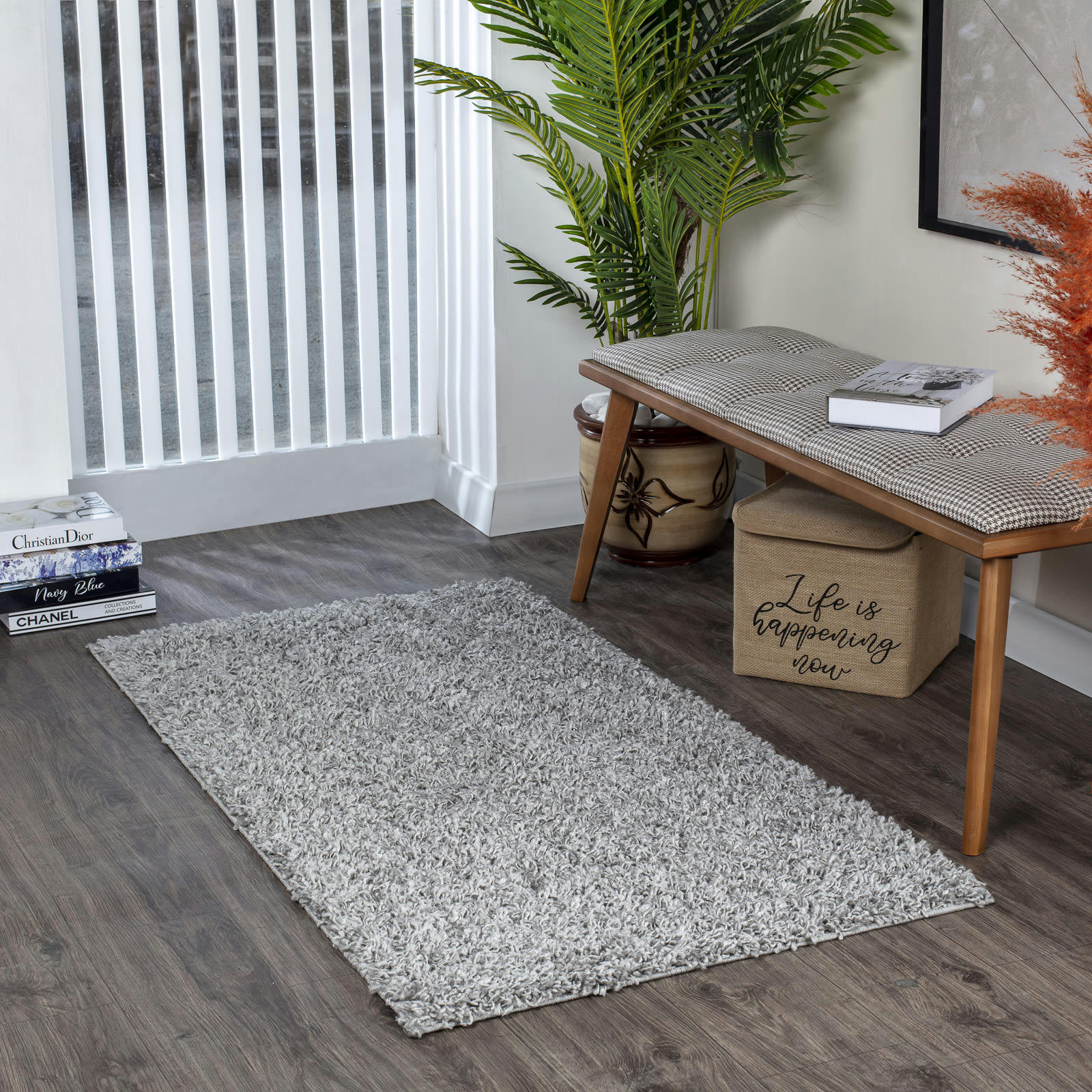 LILLY - Tapis de Couloir Shaggy Uni Chic Gris 80x150