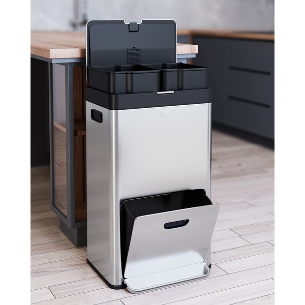 14.8-Gallon 3-Bucket Kitchen Trash Can with Lid in Stainless Steel