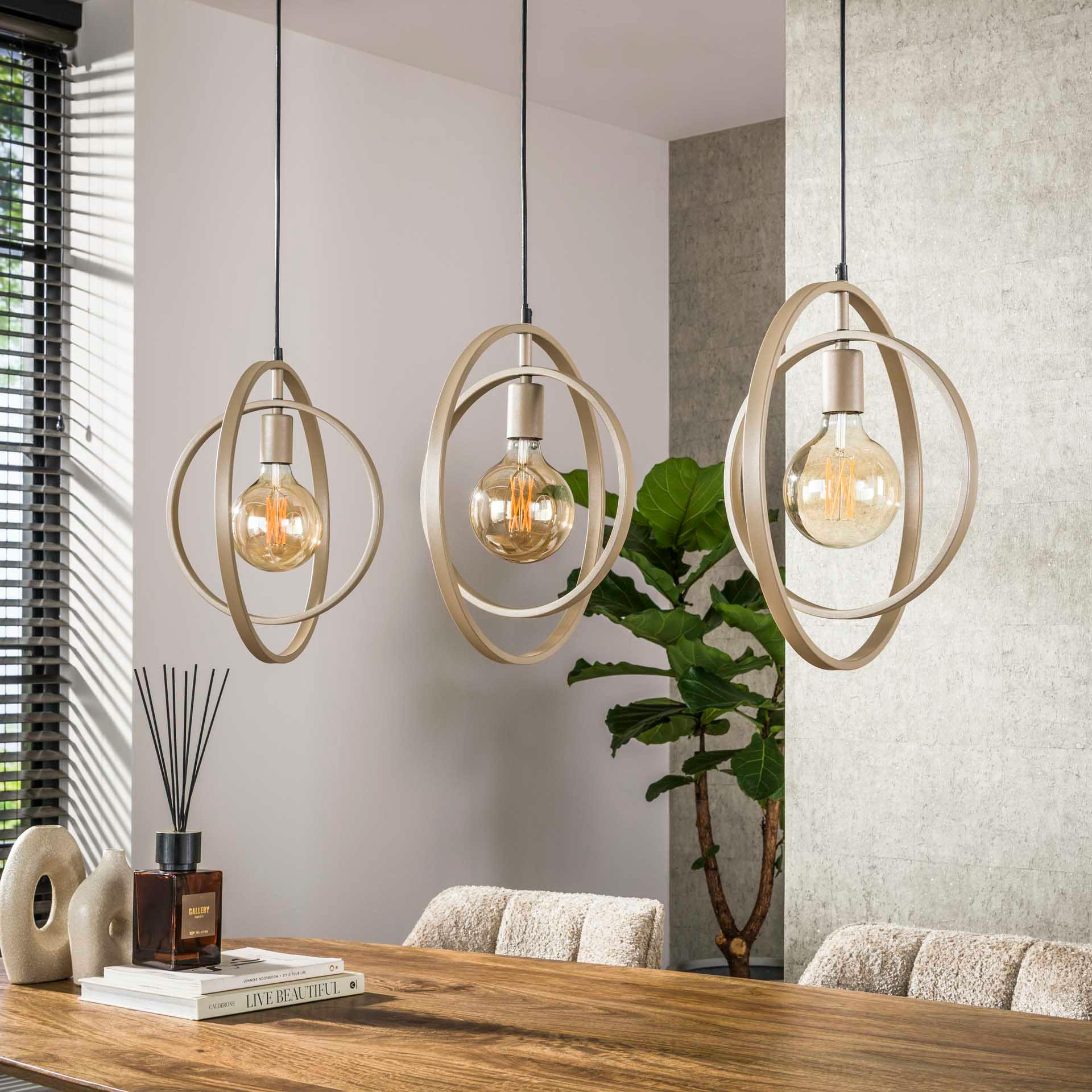 Suspension îlot beige mat, 3 anneaux pivotants métal TRIBECA