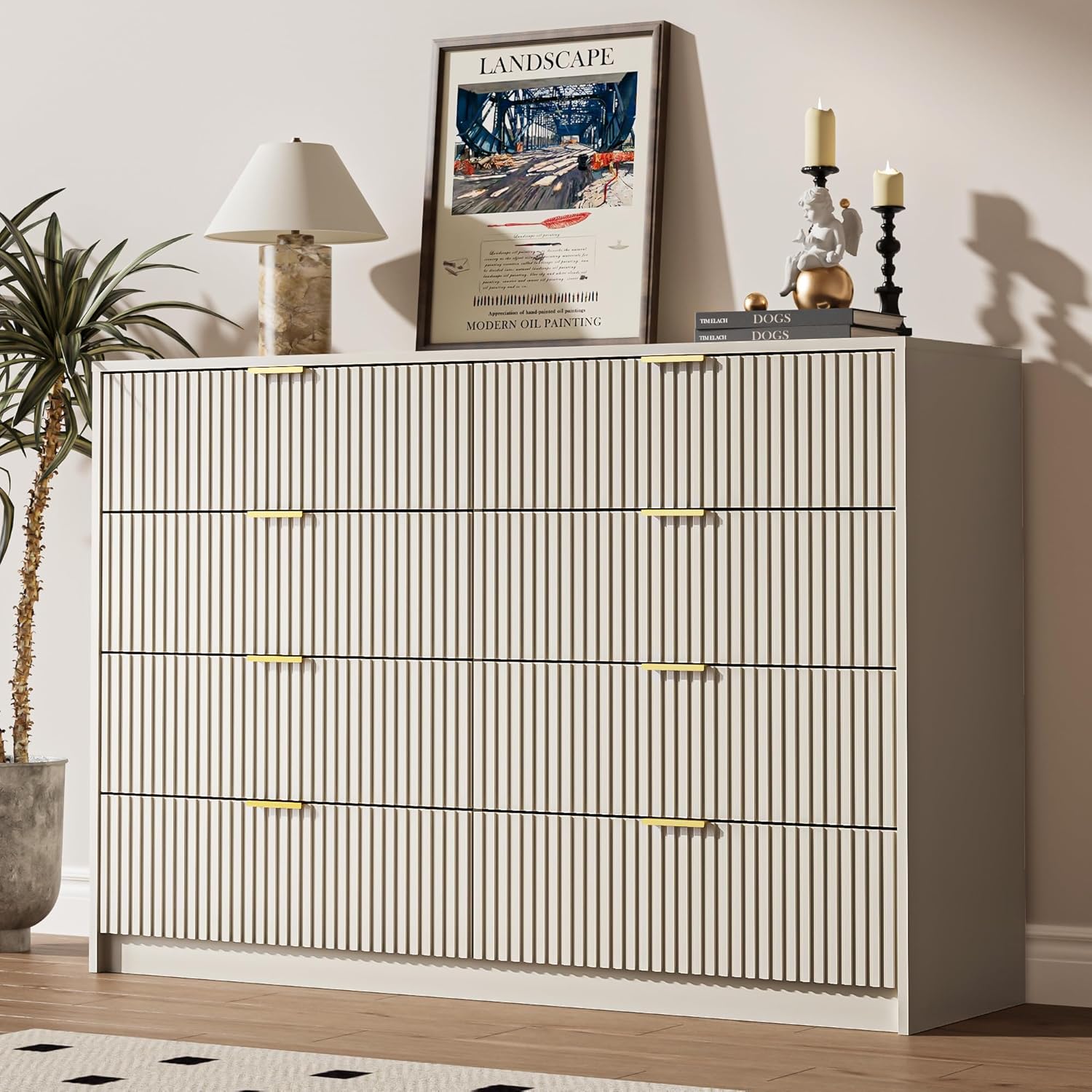 Beige Dresser for Bedroom, 8 Drawer Double Dresser, Modern Chest of Drawers for Bedroom, Living Room, Entryway and Closet, 55 L x 15.7 D x 37.4 H