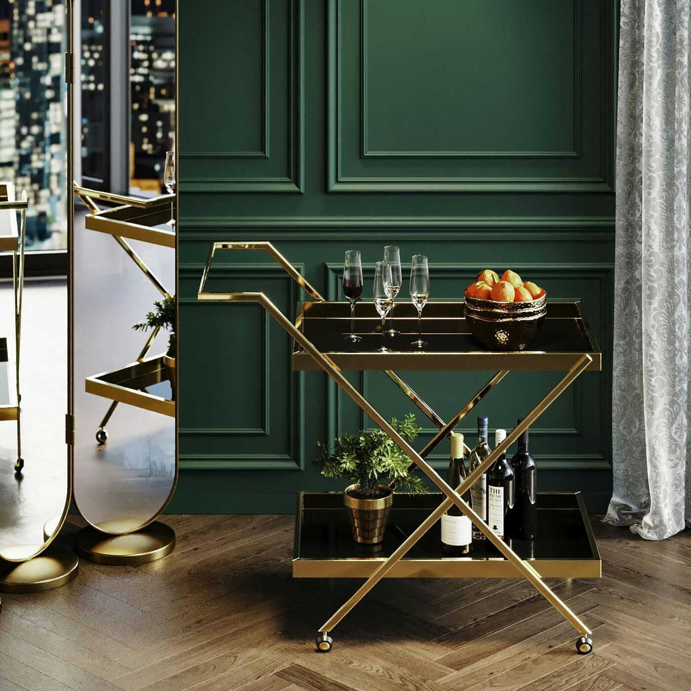 CASINO - Desserte en verre miroir noir et acier doré