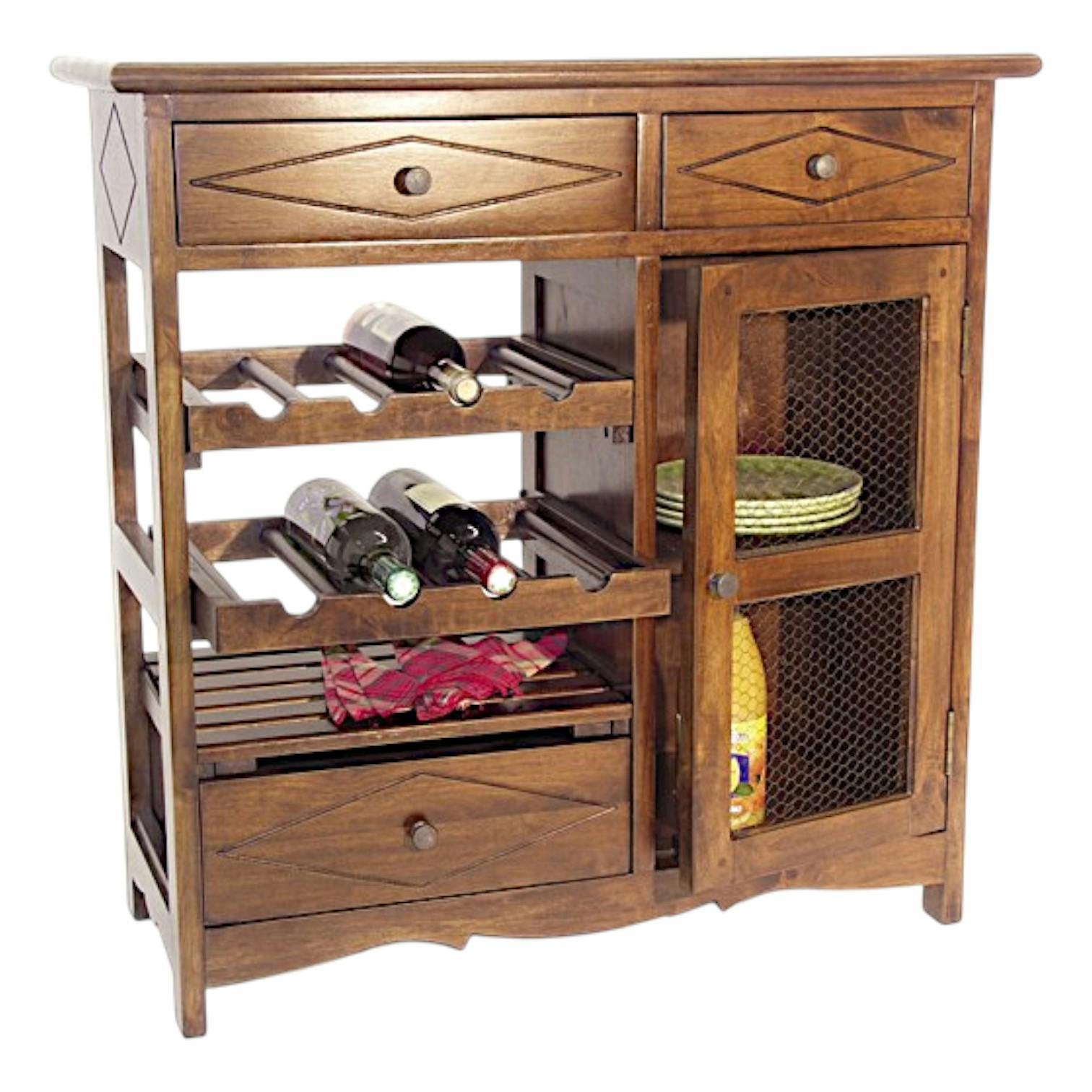 Meuble de cuisine Hévéa 3 tiroirs, 1 porte grillagée, 1 étagères, 2 racks à bouteilles 83x38x84cm TRADITION