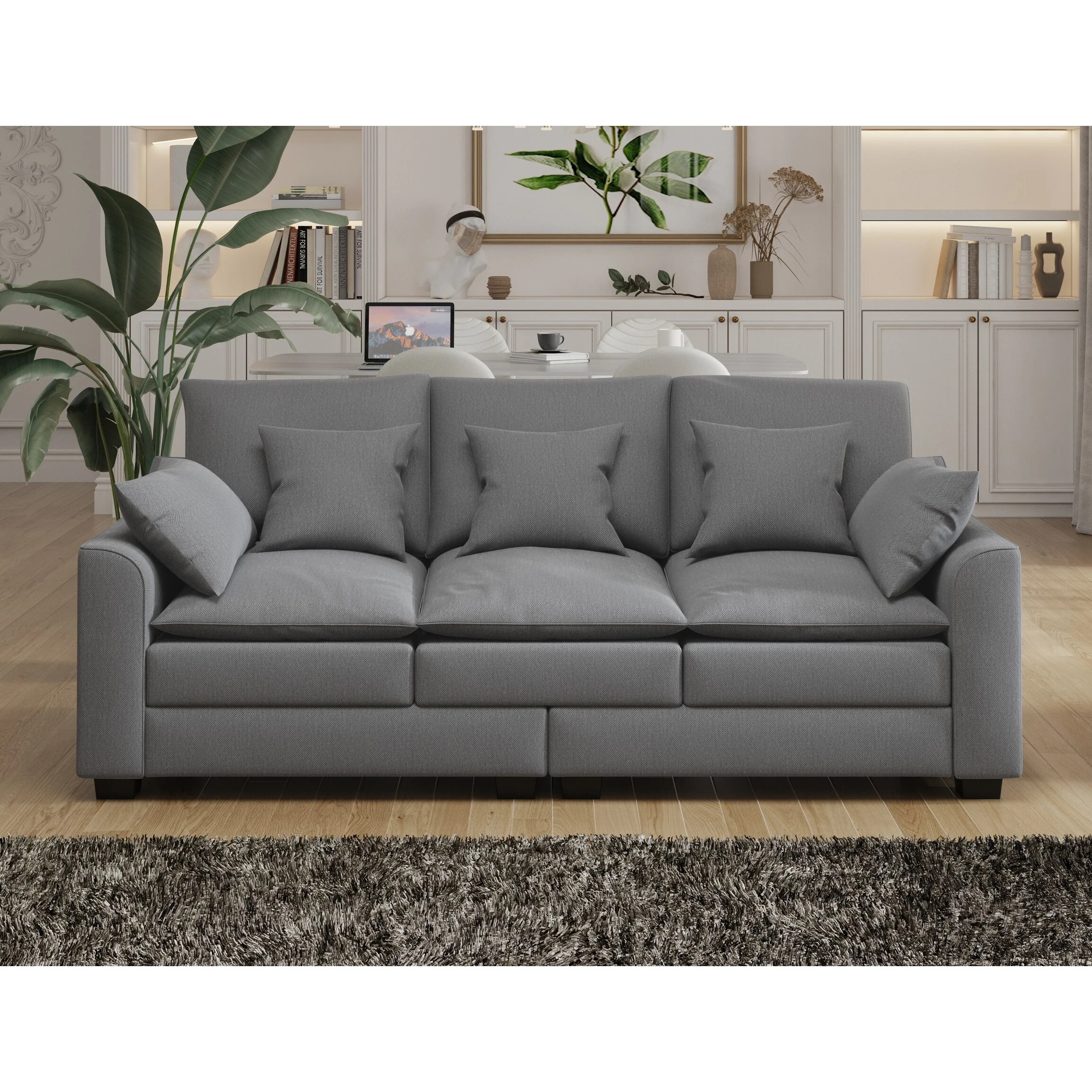 Grey Modern 78.7 Polyester 3-seater Sofa with Pillows and Solid Wood Legs for Living Room
