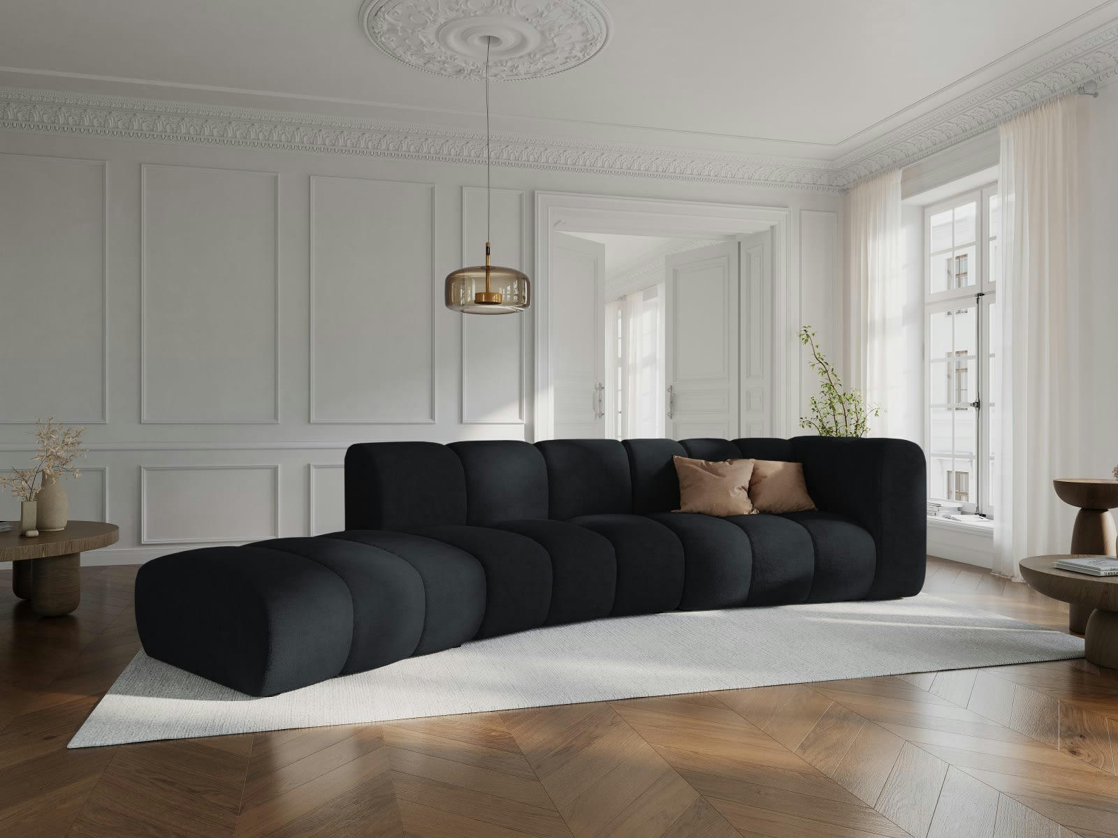 LUPINE - Canapé gauche 5 places en tissu chenille noir