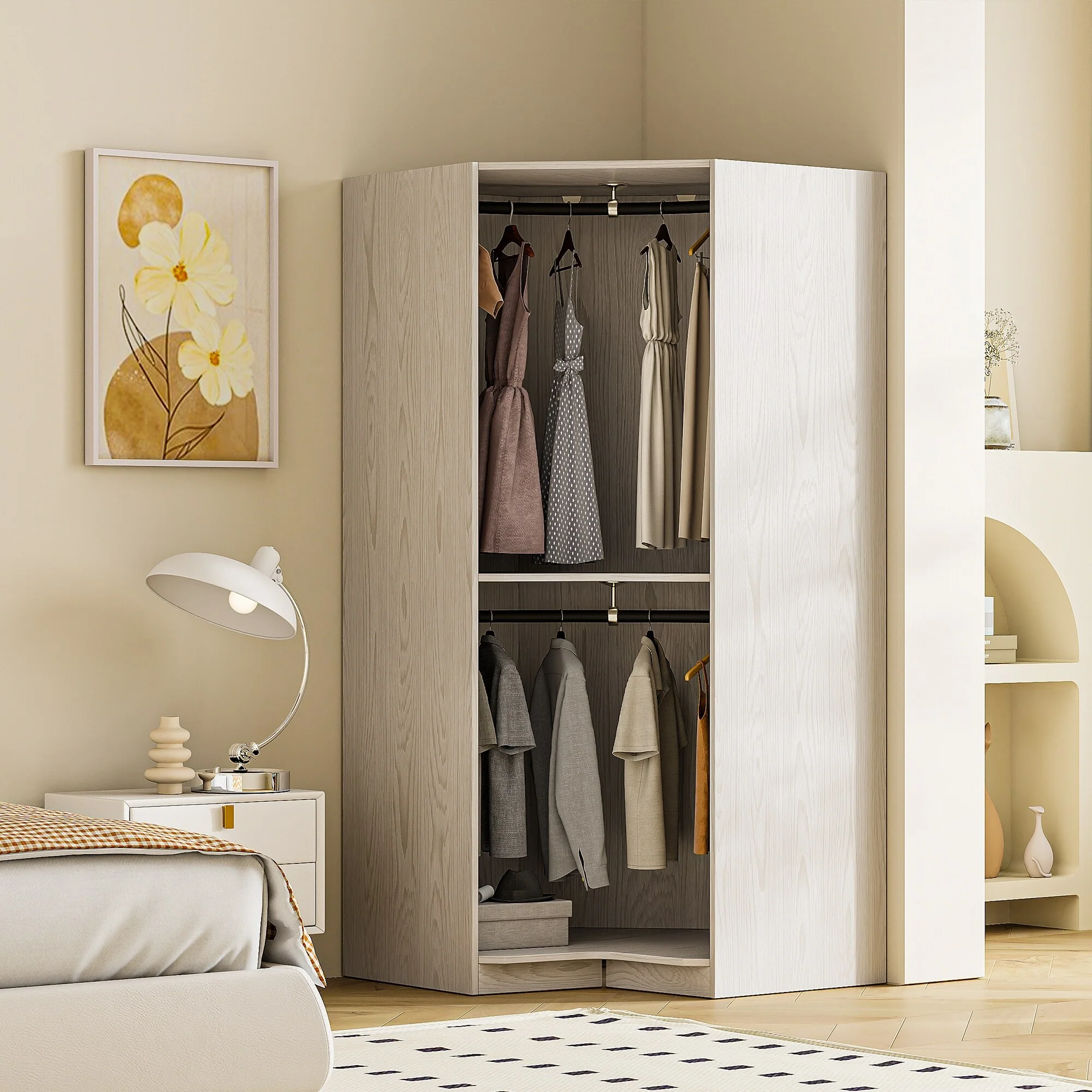 Polygonal Corner Wardrobe Armoire with Clothes Rail, Bedroom Wooden Wardrobe Storage Closets, Open Wardrobe for Bedroom