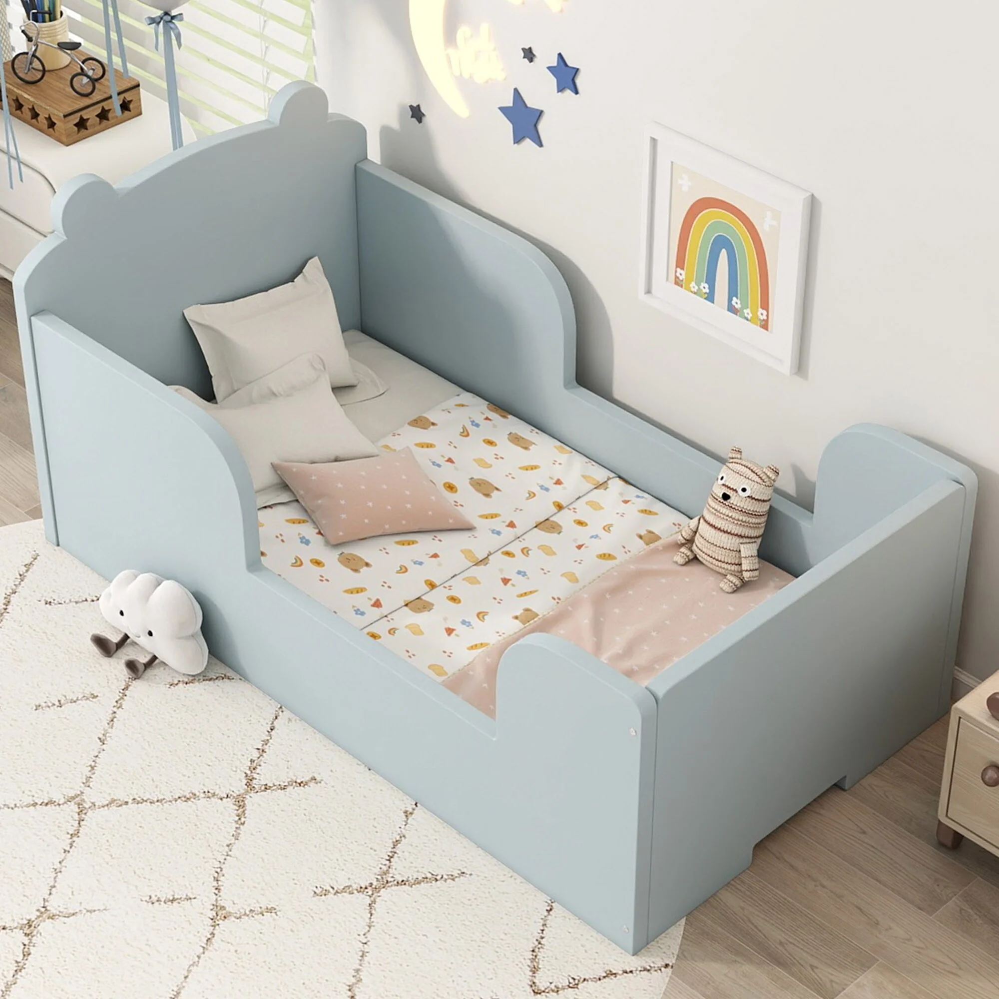 Toddler Floor Bed with Bear-shaped Headboard and Rounded Corners Guardrails for Ages 3-6, Open Baby Platform Bed Frame