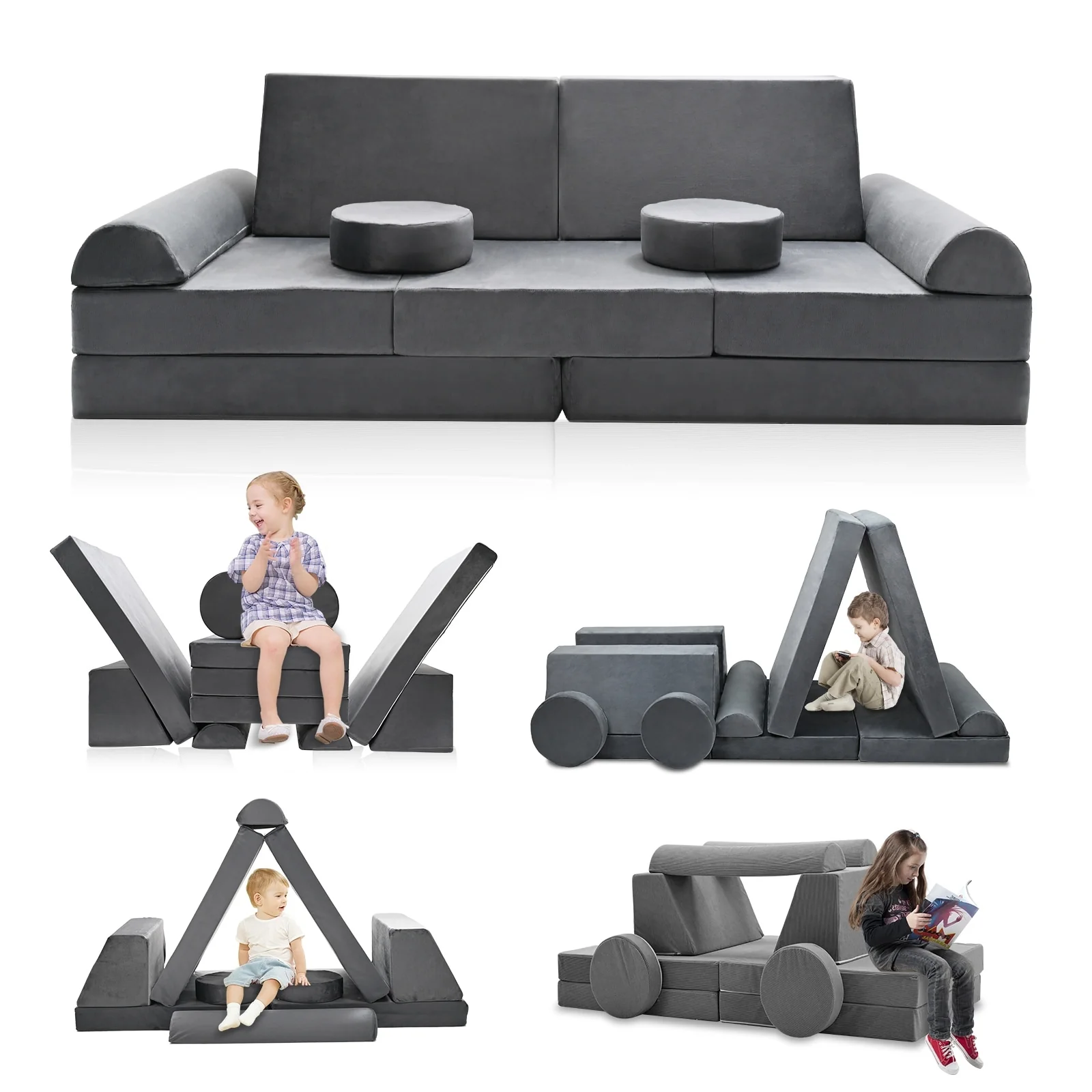 DoCred Kids Play Couch Sofa Set, Modular Toddler Sofa, Grey