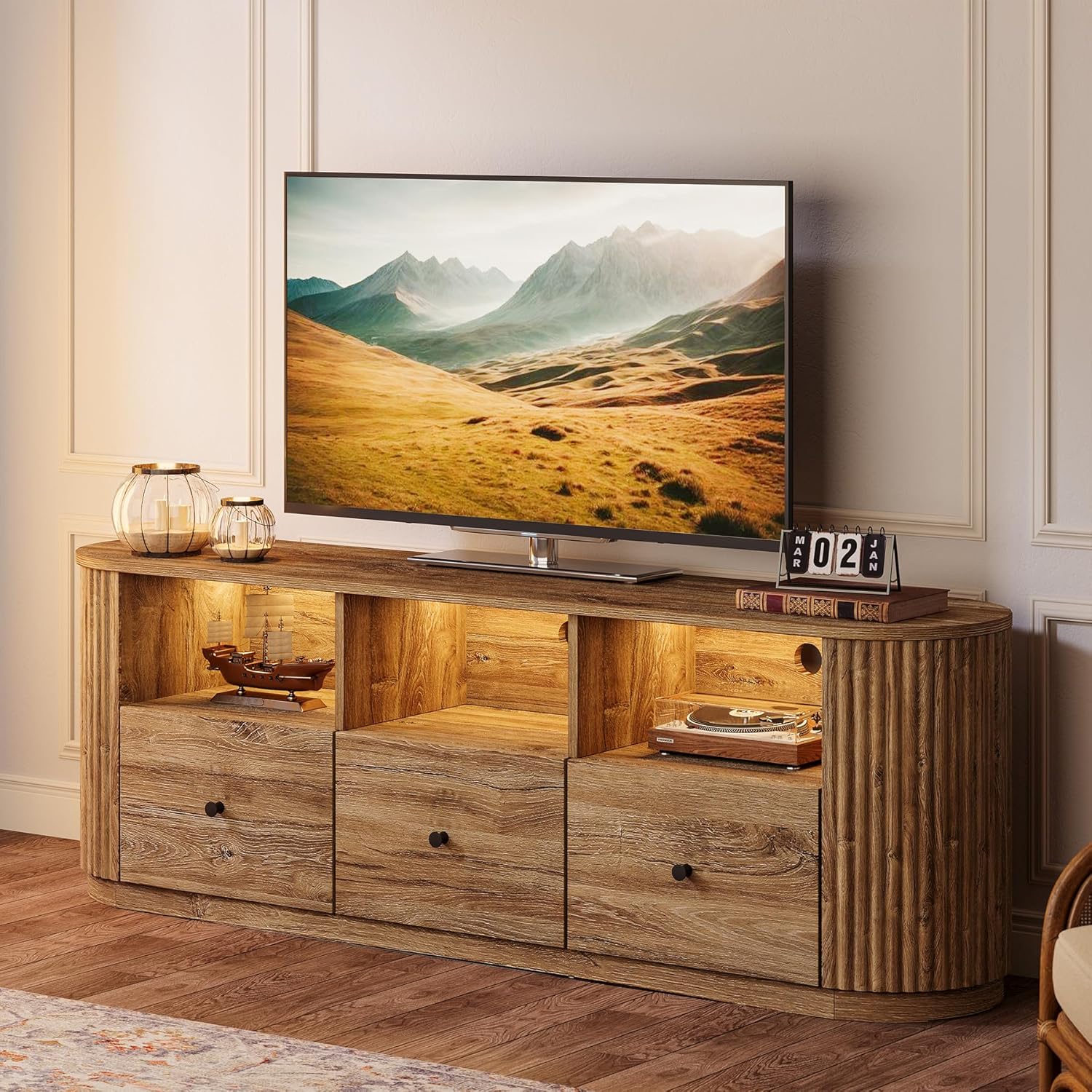 Tribesigns 70.87 TV Stand for TVs up to 80, Modern Curved Media Console with 3 Drawers and Open Storage, Fluted Entertainment Center for Living Room, Brown