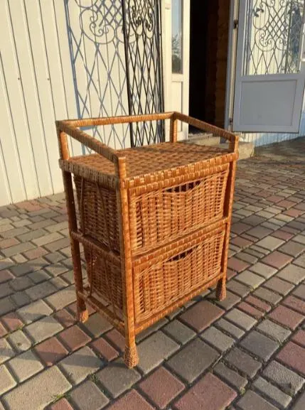 Woven Wicker Storage Cabinet With Two Drawers, Boho Dresser, Small Willow Chest of Drawers, Rattan Bedroom Nightstand Rustic Decor Organizer