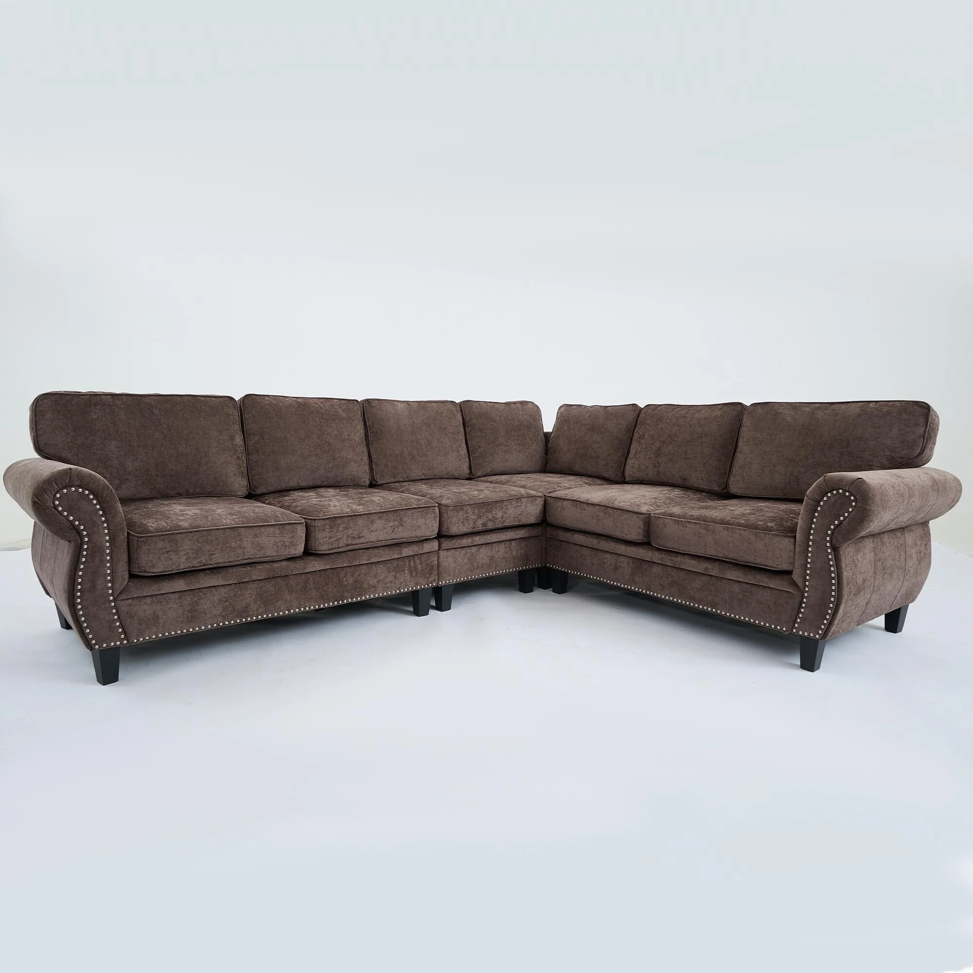Transitional Modular Sectional Sofa with Rivet Trimmed Rolled Arms and 7 Back Cushion for Living Room or Guest Room