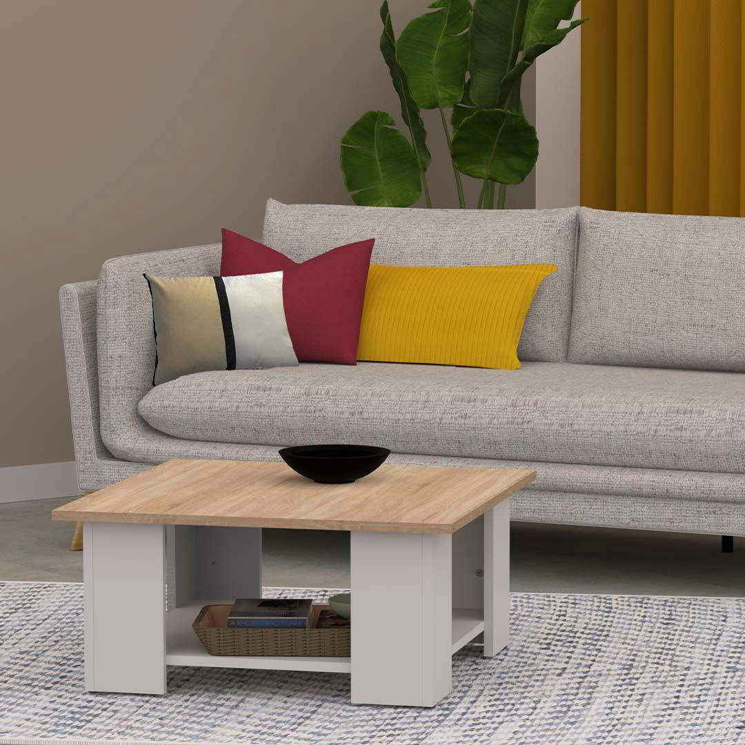 SQUARE - Table basse effet bois blanc et chêne naturel