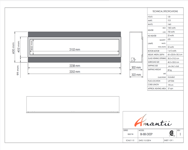 Amantii Smart 88" Electric Deep Built-in only comes with optional black steel surround