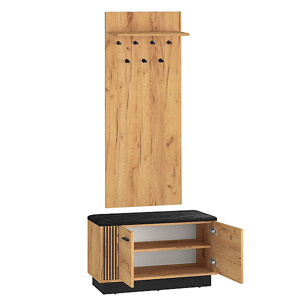 Meuble entree porte-manteau etagère et banc à chaussures 2 portes Nilo Bois