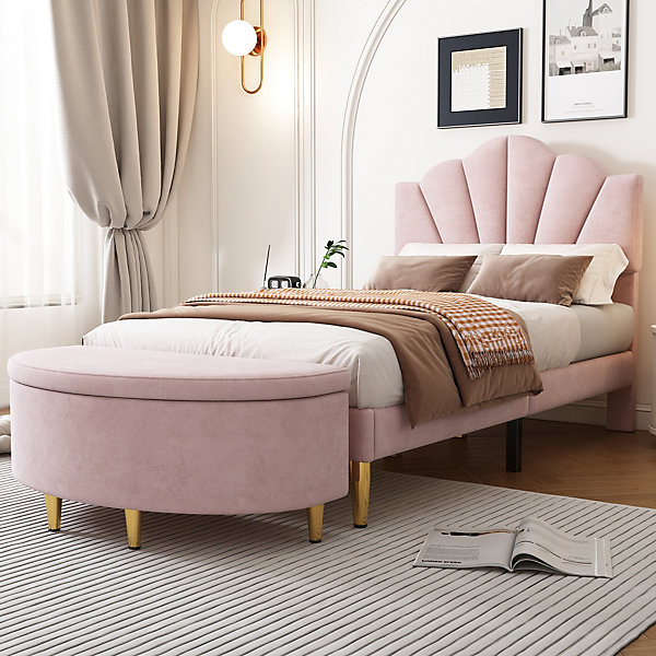 Lit 90x200 cm en velours rose avec tête de lit réglable style coquillage et pieds métal doré, élégant