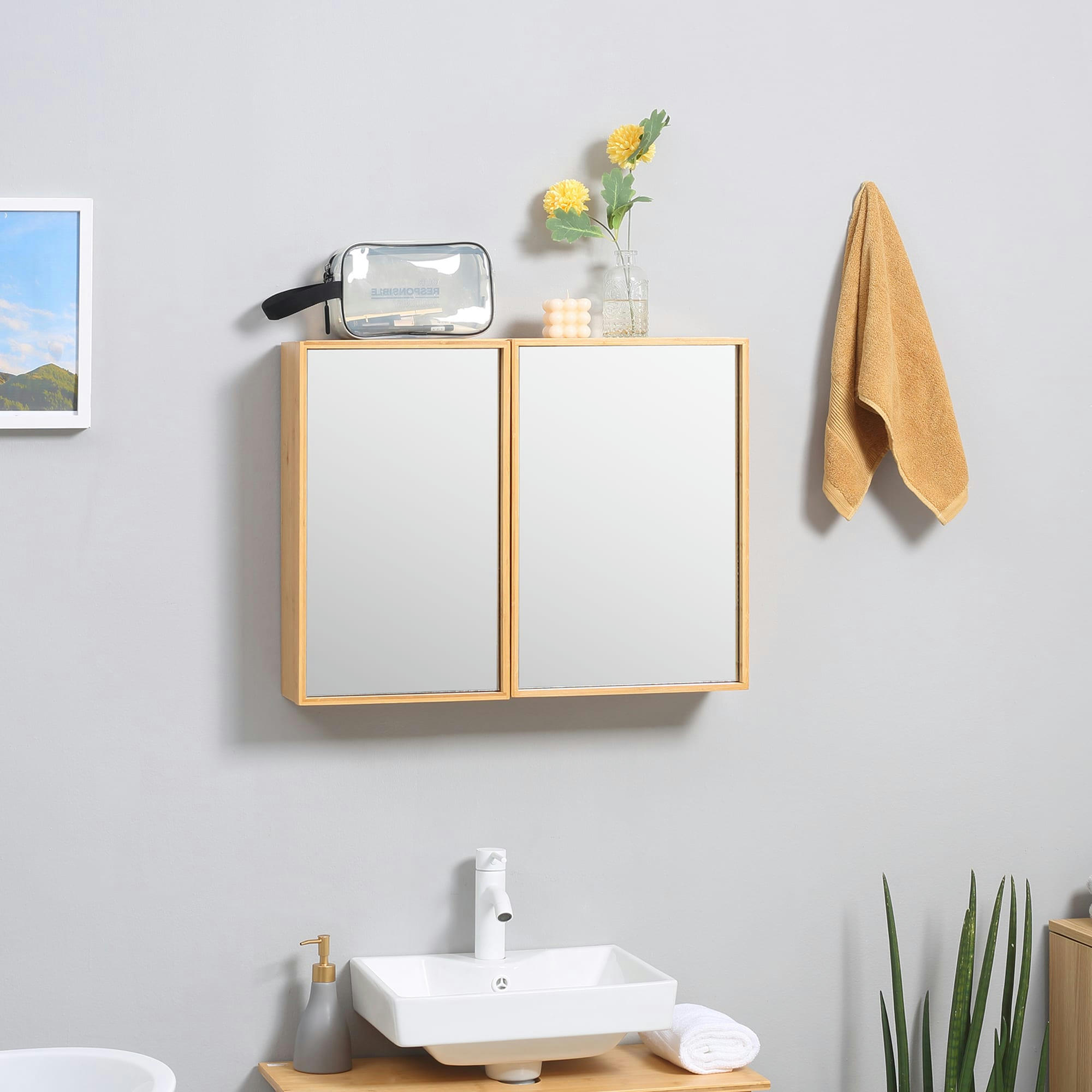 - Miroir salle de bain placard 2 portes 2 étagères bambou verni