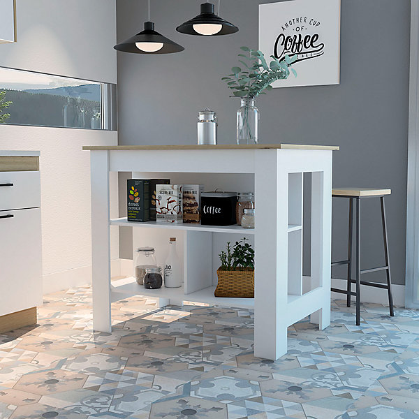 Ilot de cuisine Cala trois étagères et quatre pieds , 89.99 cm X 102.99 cm X 69.97 cm , White / Duna