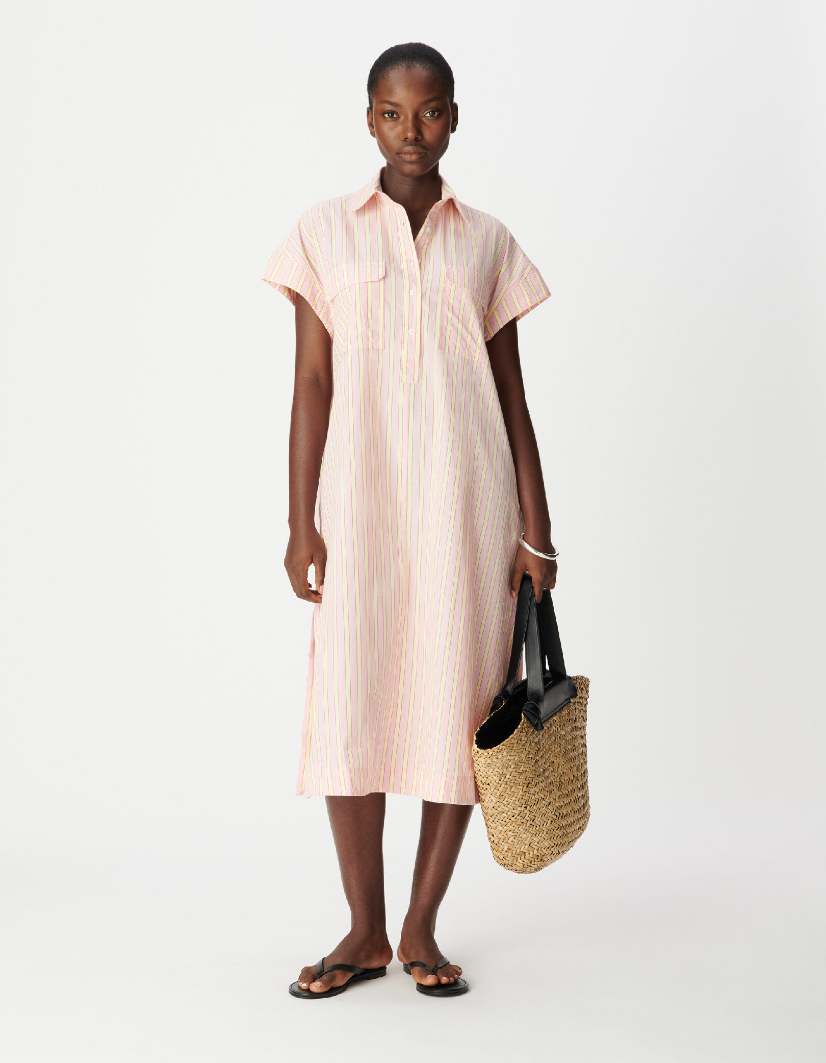 Robe chemise midi rose motif rayures Femme