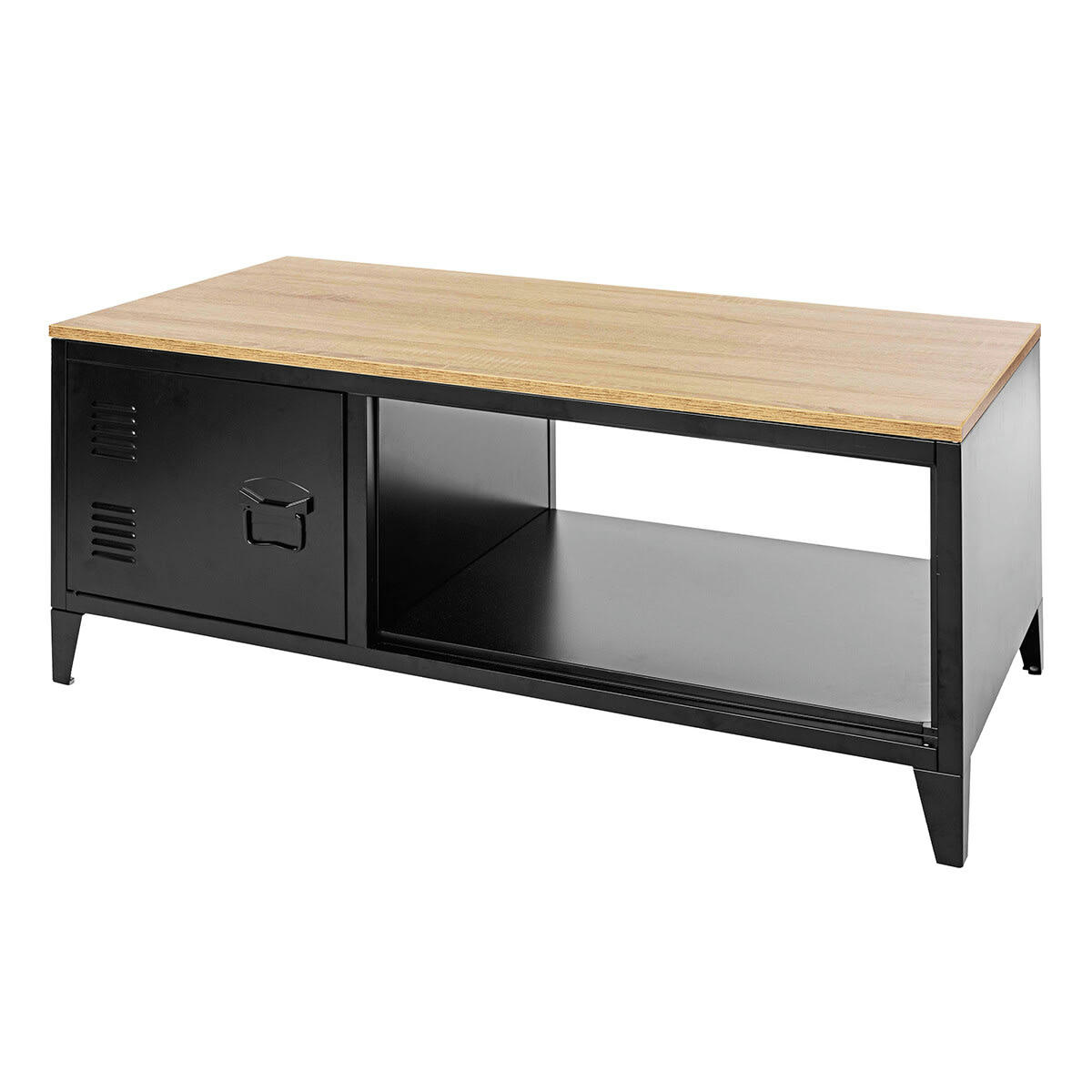 - Table basse bois métallique noir une porte rangement 120X40