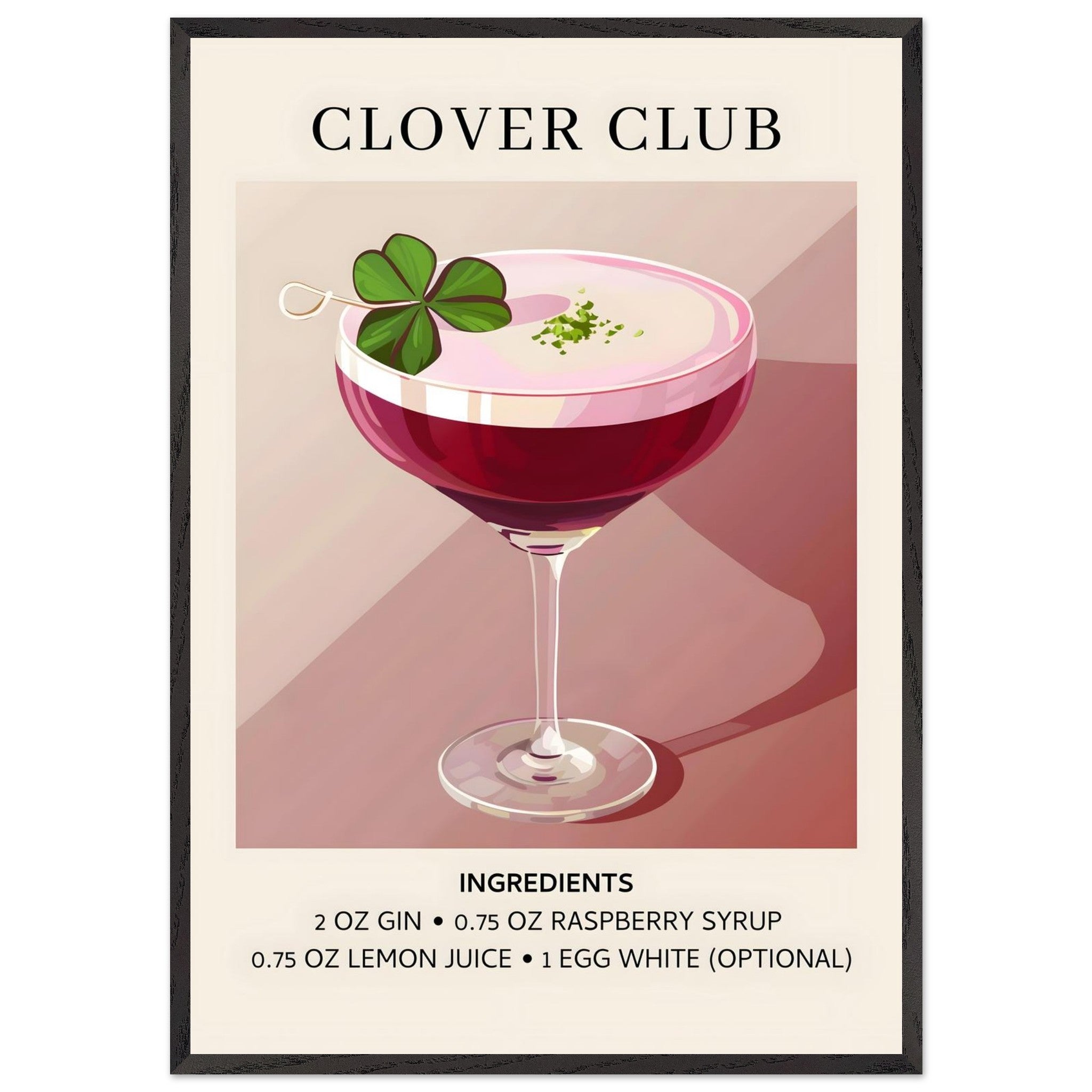 Artfulprints Poster met Lijst Clover Club cocktail - Ingrediënten  - 70x100 cm - Roze