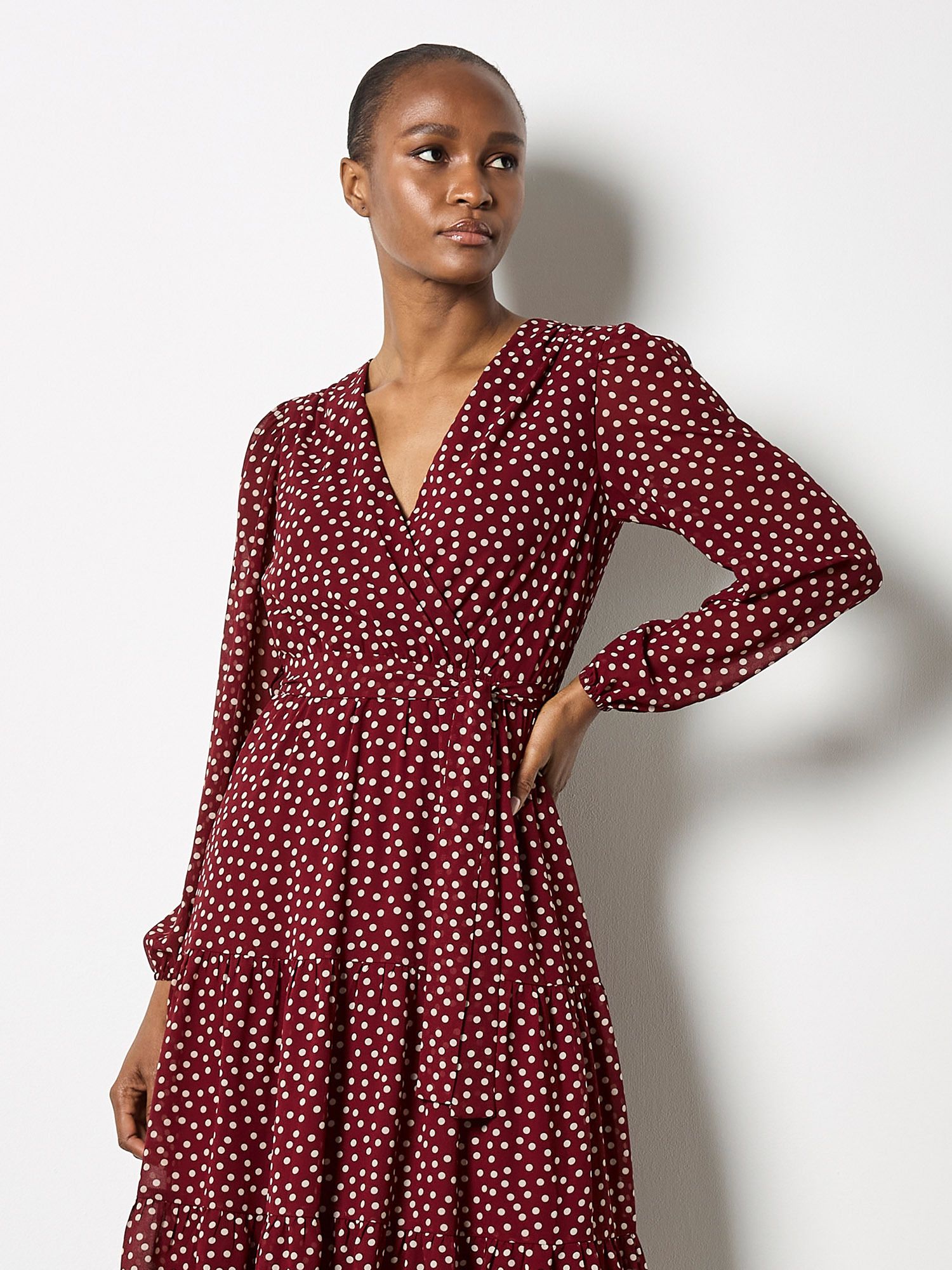 Apricot Polka Dot Chiffon Wrap Midi Dress
