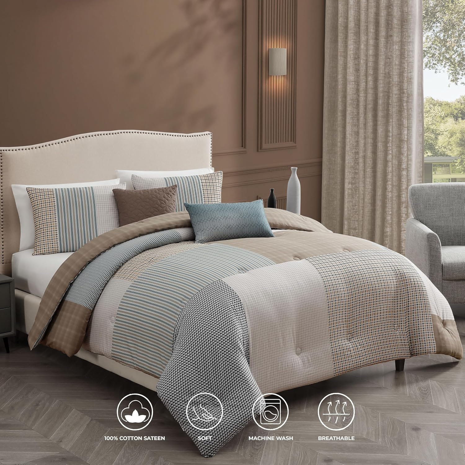 Bebejan Tranquil Patch 5 Piece Comforter Set, 100% Cotton Sateen, 220 Thread Count, Blue Reversible Bedding Comforter Set, 1 Comforter, 2 Shams & 2 Pillows (King/Cal King)