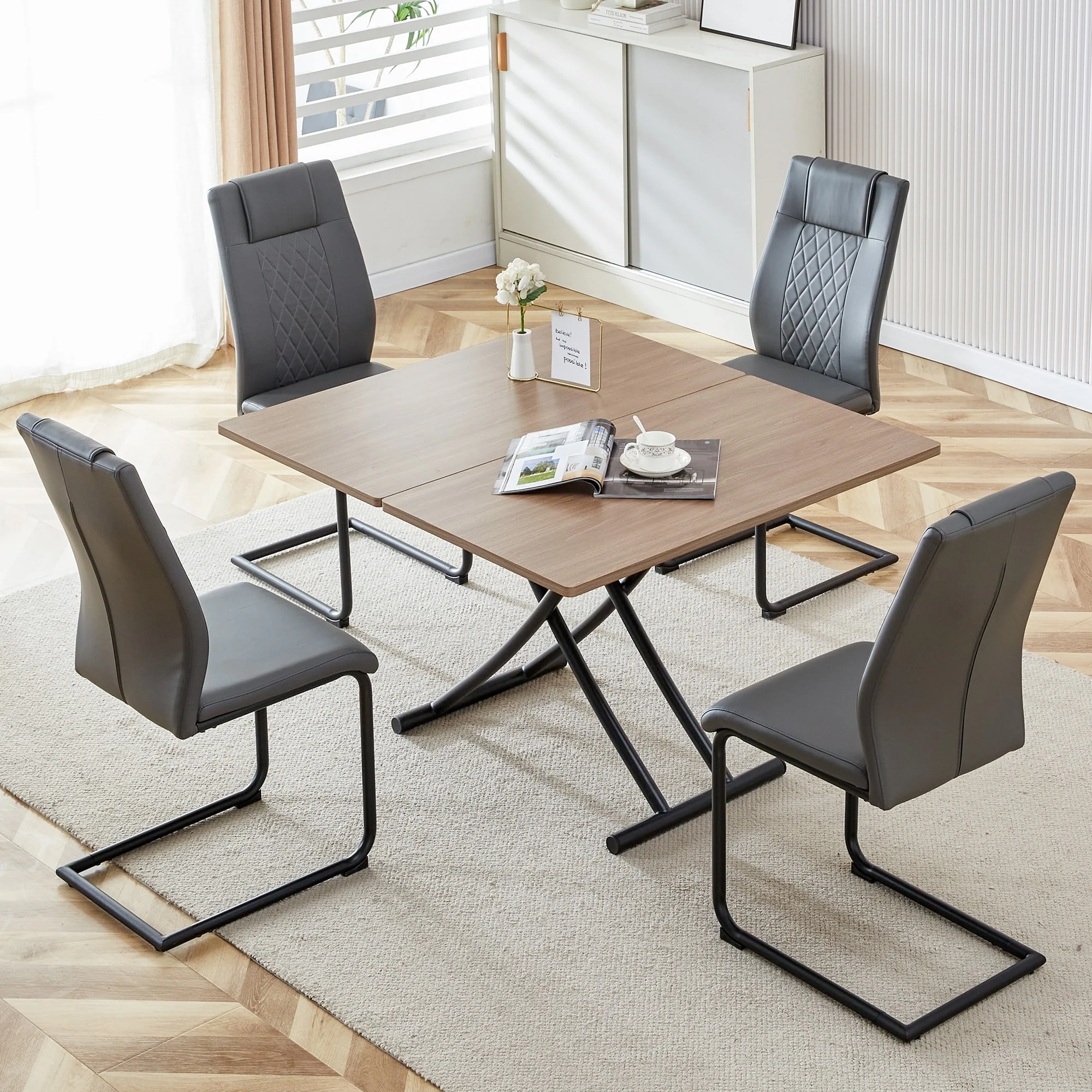 Multifunctional 5-Piece Dining Lift Table Set with Folding Table Top and 4 Faux Leather Upholstered Chairs