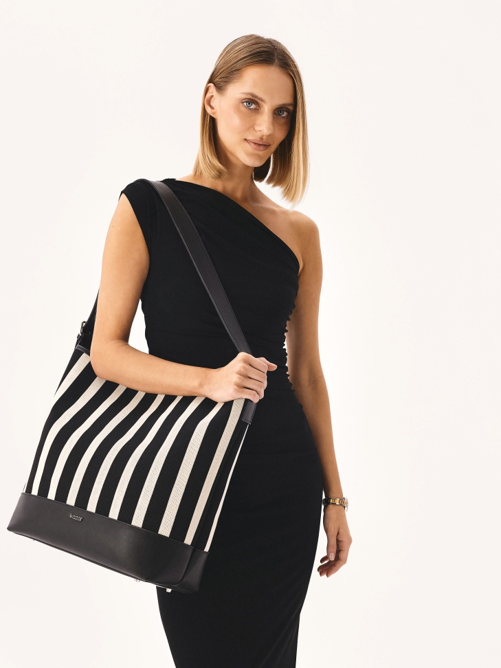 Large striped handbag in fabric and leather