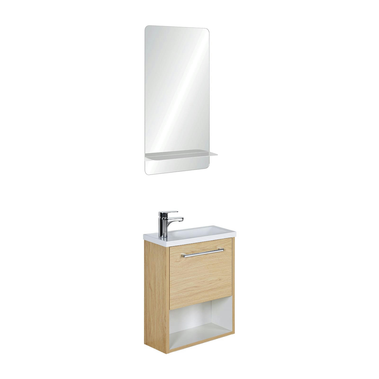 NIKA - Meuble lave-mains  Décor chêne intérieur blanc + robinet + miroir