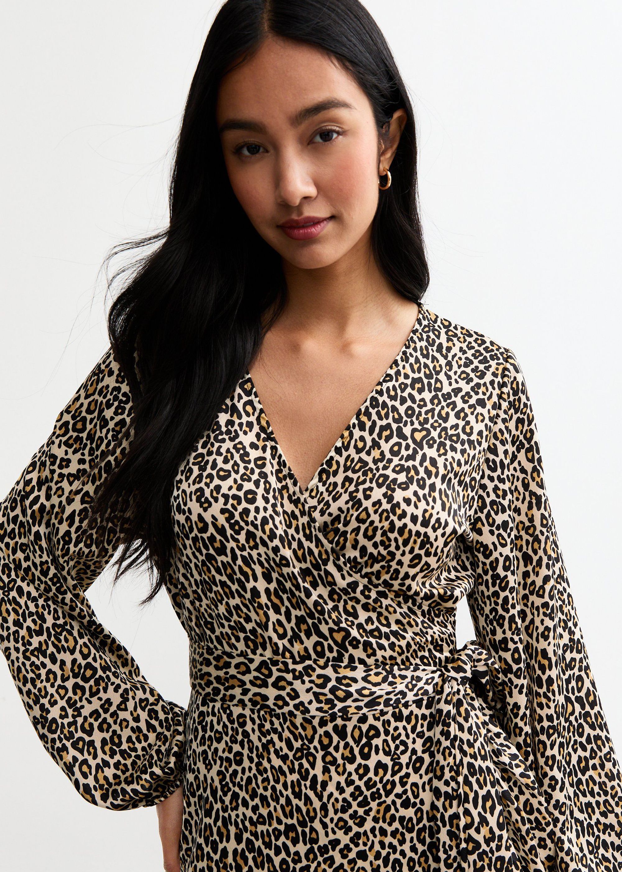 Gini London Beige Animal Ruffle Mini Wrap Dress