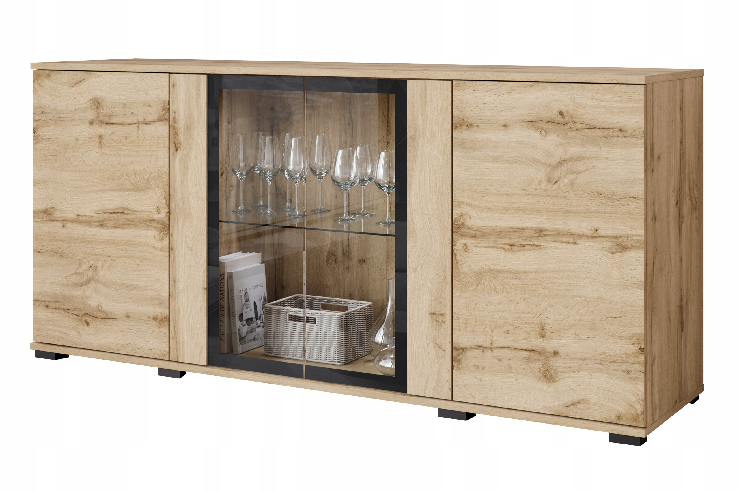 Komoda 150 cm, nowoczesna witryna ze szkłem i szuflady wotan mat z LED