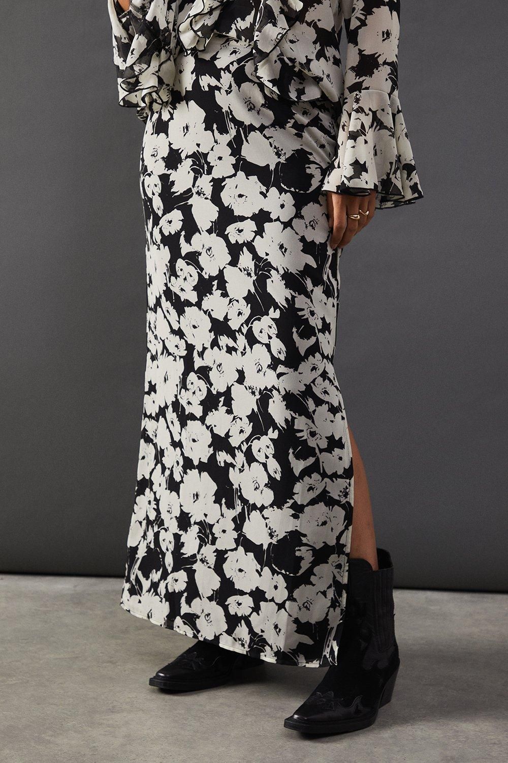 Warehouse Floral Chiffon Column Maxi Skirt