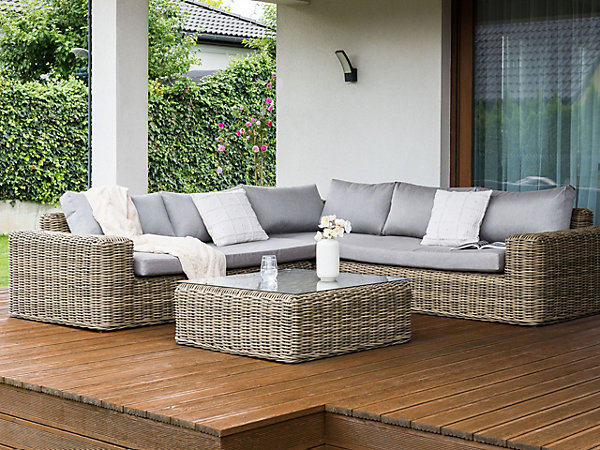 Canapé d'angle de jardin avec ottoman 6 places PALERMO Polyrotin Marron clair