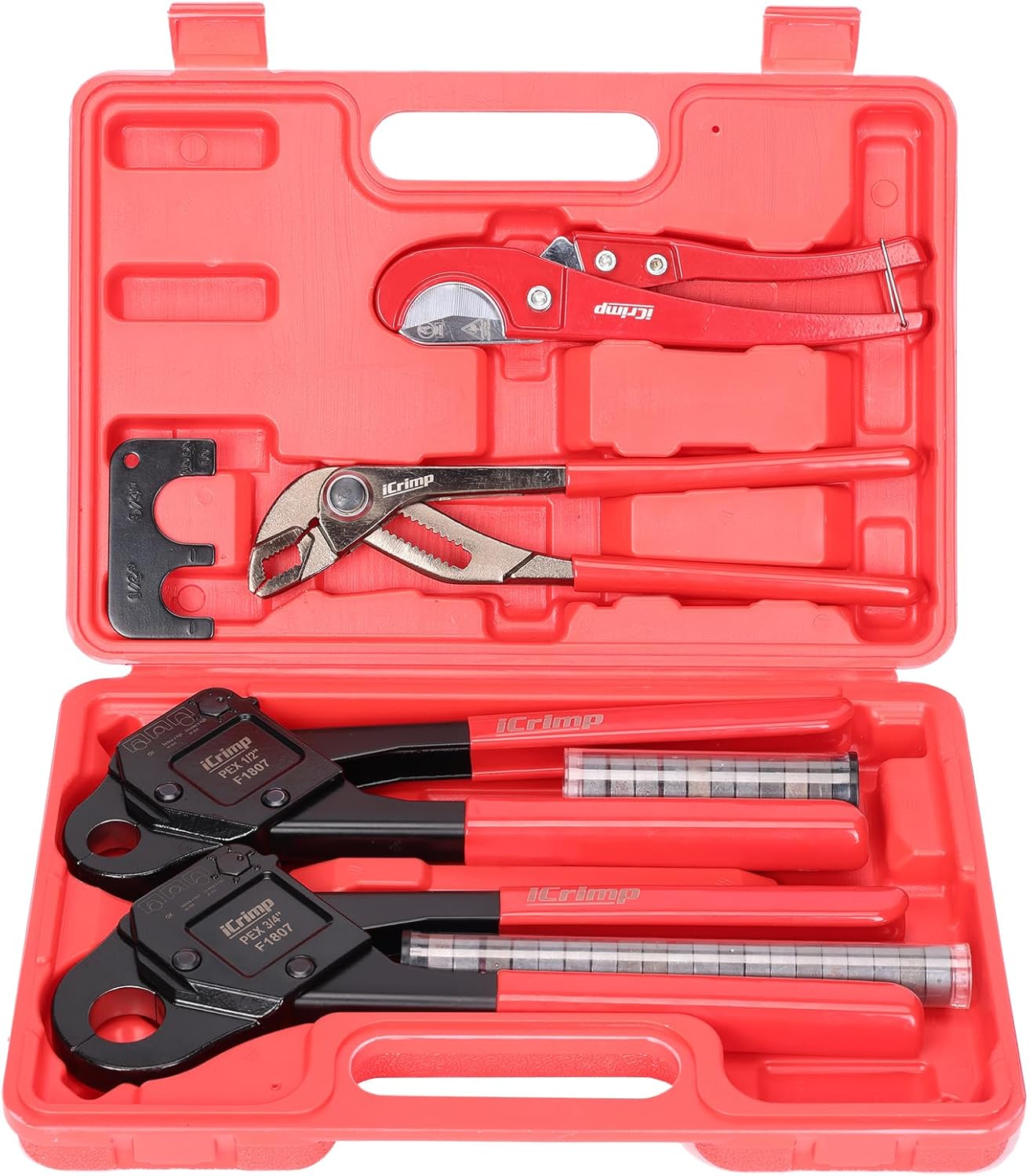 iCrimp Angle Head F1807 PEX Pipe Crimping Tool for Copper Rings - 1/2&3/4-inch Two Crimper Set with 9.5 Groove Joint Pliers, PPR Cutter, 20PCS 1/2 and 10PCS 3/4 Copper Rings