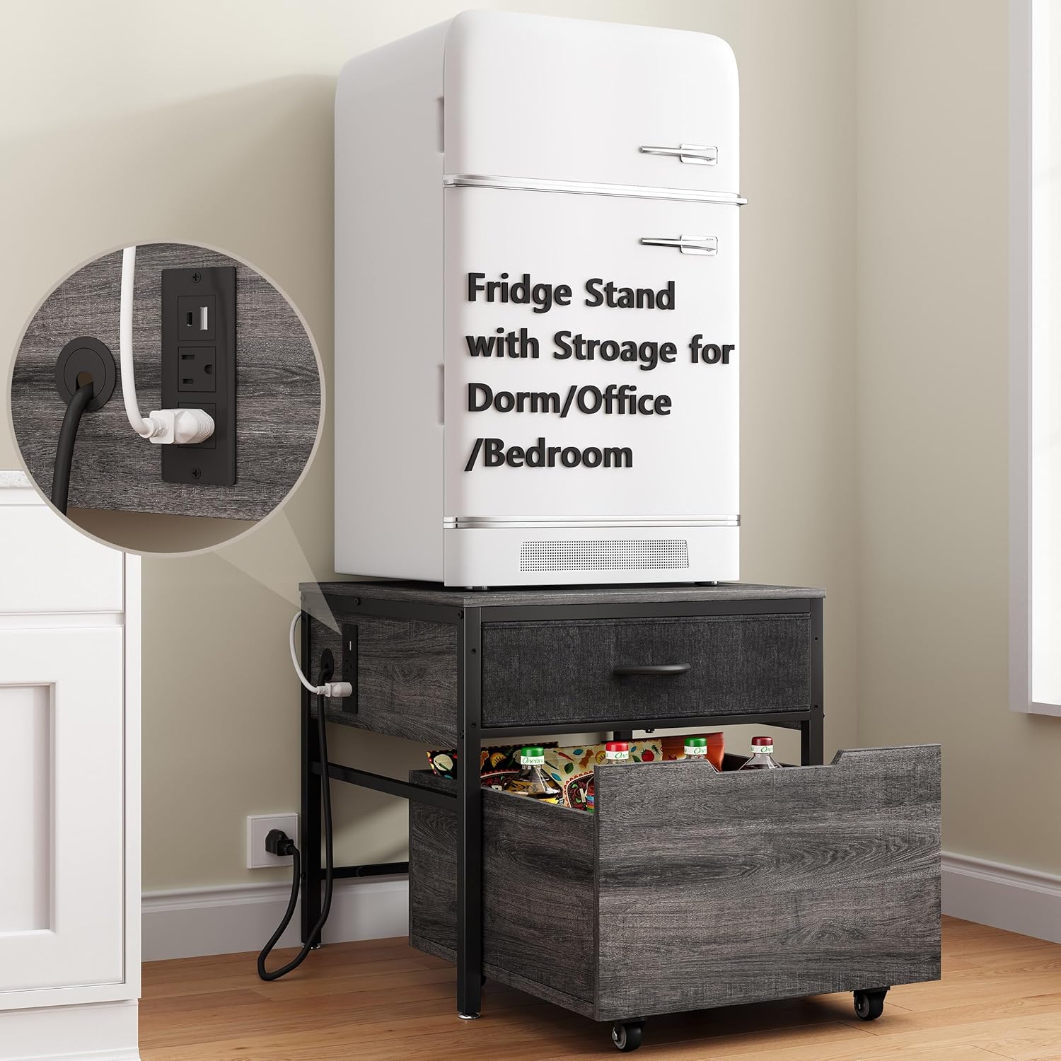 Mini Fridge Stand Cabinet Table Station With Storage Drawers For Dorm Refrigerator To Sit On, Heavy Duty Small Cart With Wheels, Grey Office Beverage Shelf and Power Outlet, Sturdy Bedroom Nightstand
