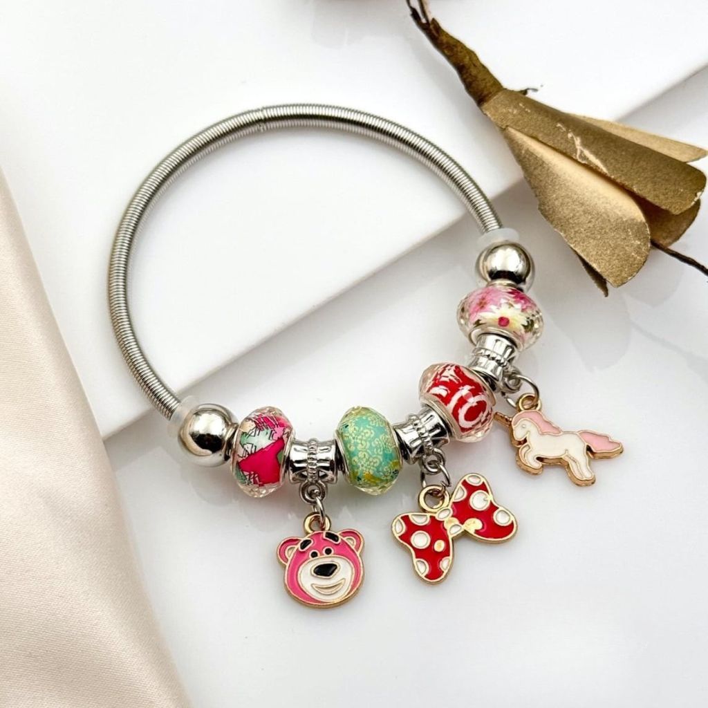 The Colourful Aura Unicorn Charm Dangle Silver Enamel Bangle Bracelet