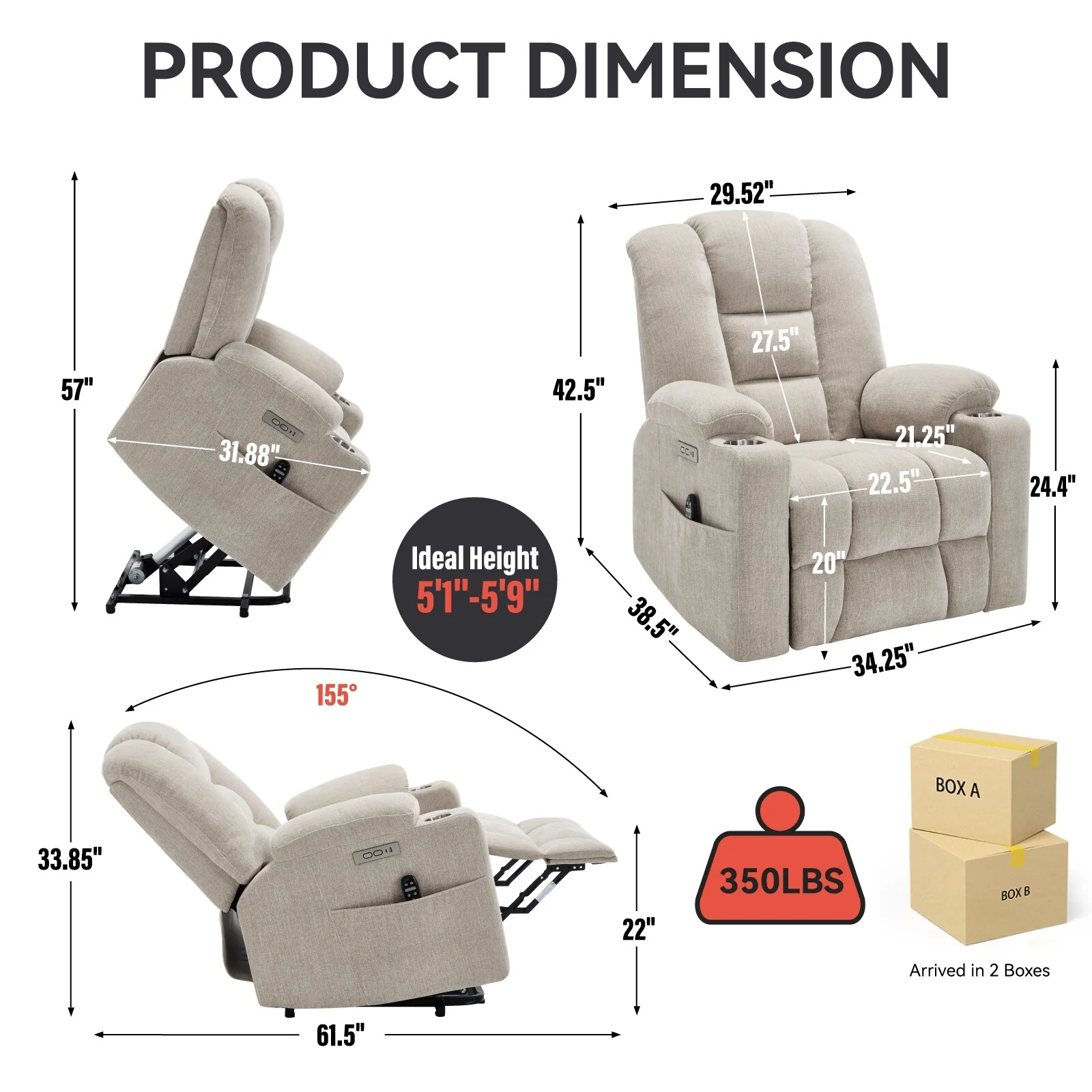 Power Lift Recliner Chair for Elderly, with Massage, Heat, Dual USB Ports, Type-C Charging, Cup Holders