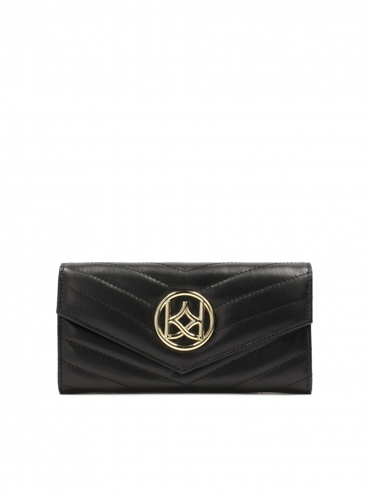 Oblong leather wallet with metal decoration