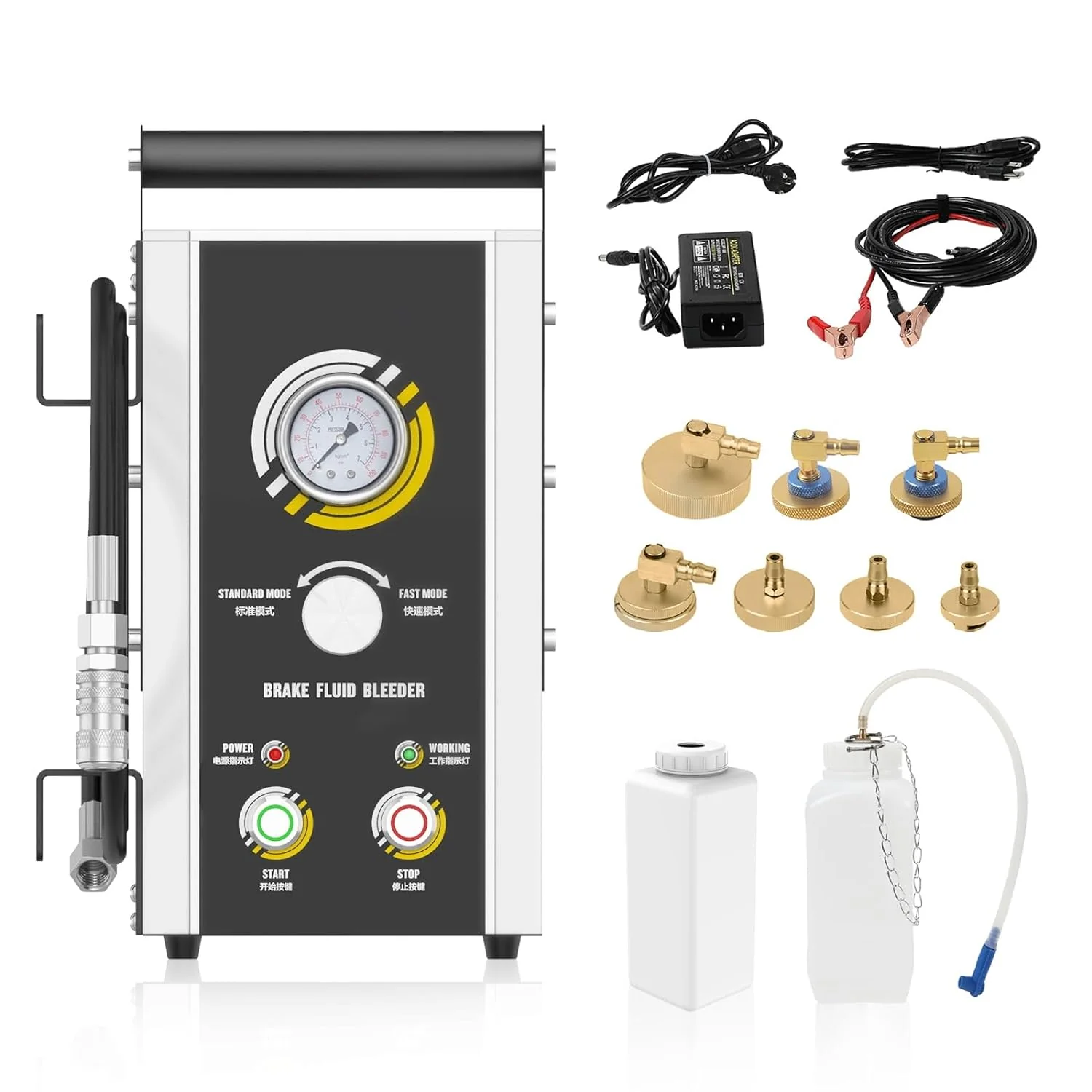 Automotive Brake Bleeder Kit, 100V-240V Electric Brake Bleeding Device, 0~3Bar Brake Fluid Oil Exchanger with 7PCS Master Cylinder Adapter, Pressure Gauge  Portable Carrying Handle