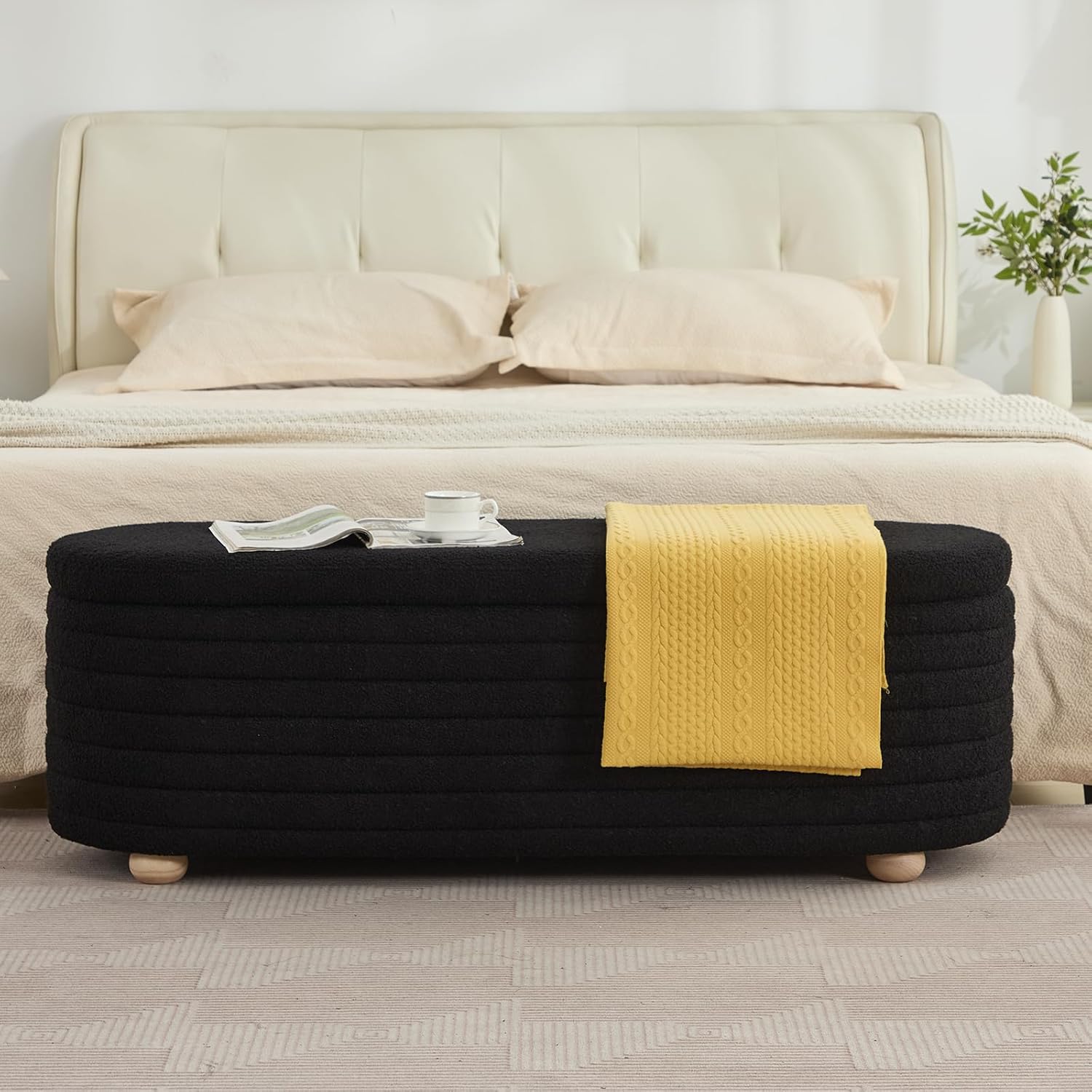 53 Storage Bench Teddy Ottoman Bench Upholstered Fabric Bench End of Bed Stool with Safety Hinge for Bedroom, Living Room, Entryway, Black