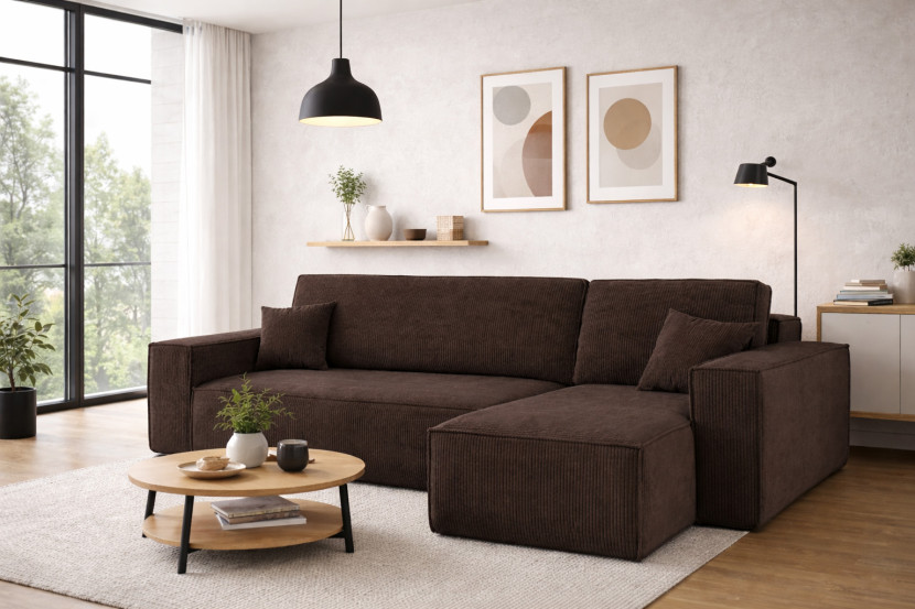 Sofa w kształcie L BEST narożnik, tkanina Poso, Brązowy Prawostronny