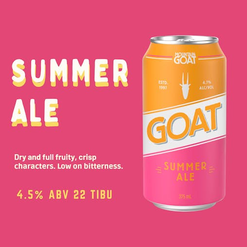 Mountain Goat Summer Ale, Crisp & Super Dry Craft Beer, Refreshing Ale, 4.7% ABV, 375mL (Case of 24 Cans)