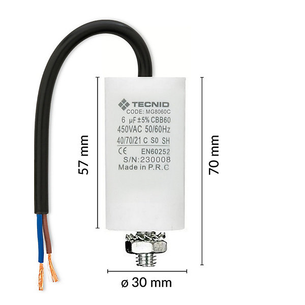 Condensateur de démarrage pour moteurs électriques, 450V, capacité :6 microfarad, avec câble de 15cm