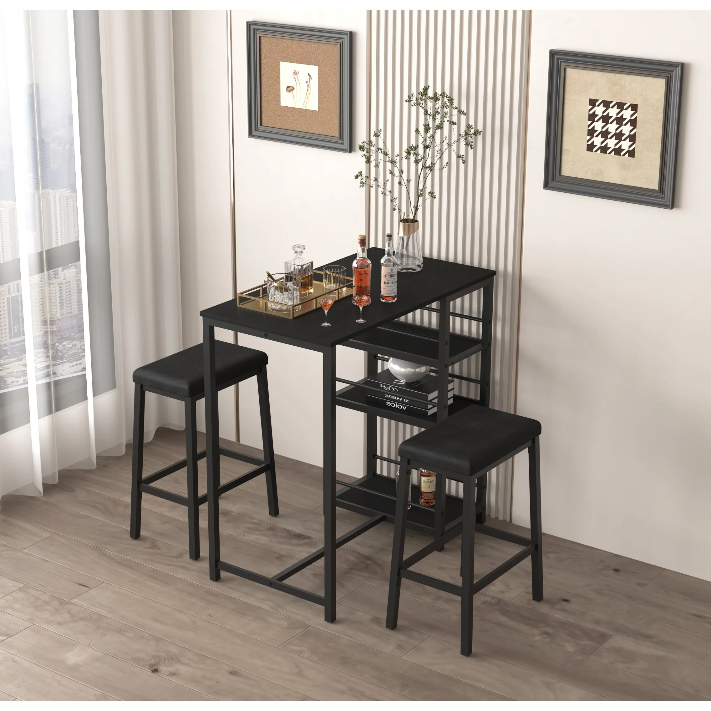 Dining Table Set with 3 Storage Shelves, Counter Height Table Set with H-shaped Footrests, Waterproof, Oil-resistant