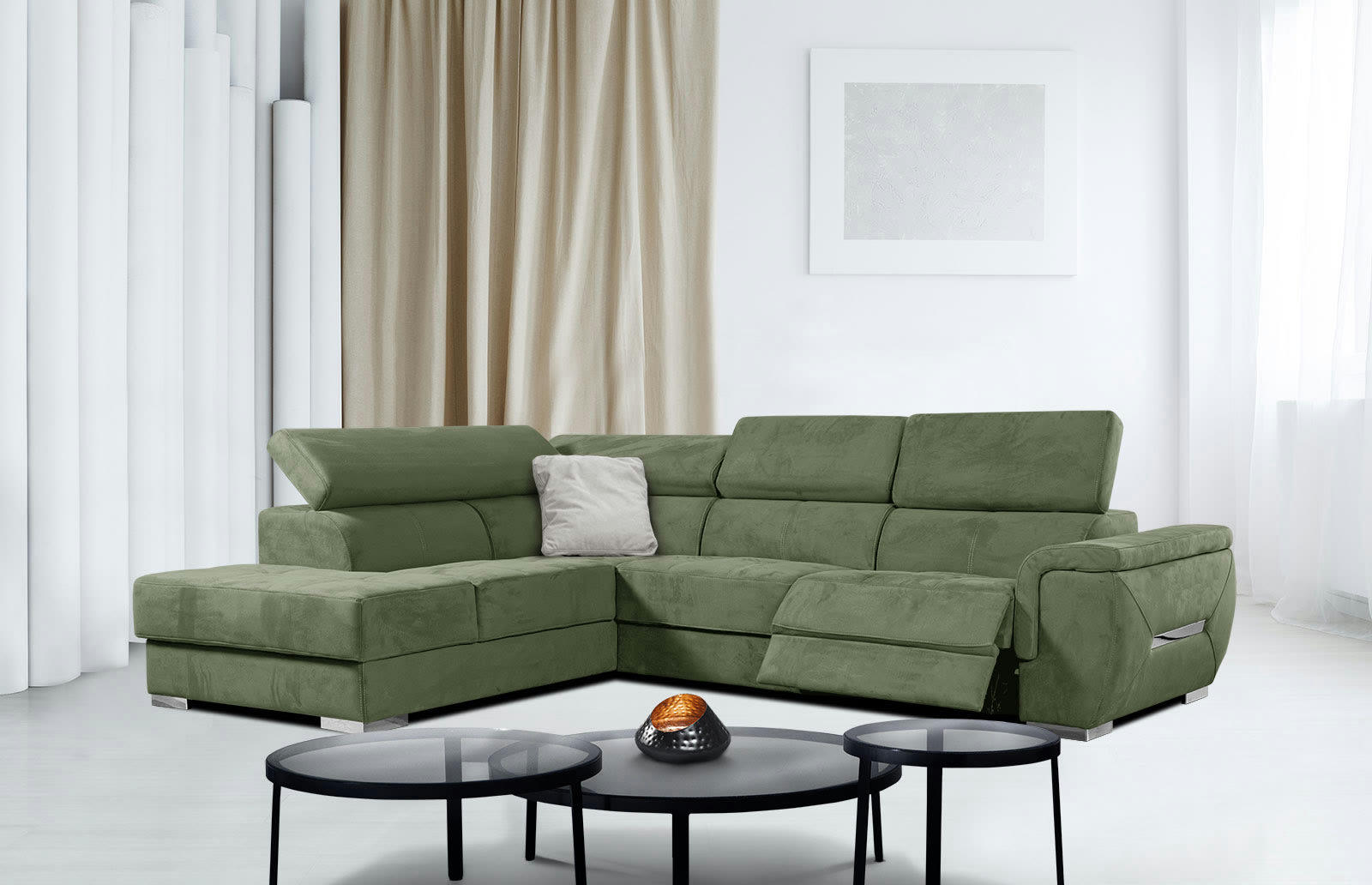 KELTE - Canapé d'angle gauche 5 places avec une relaxation tissu vert olive