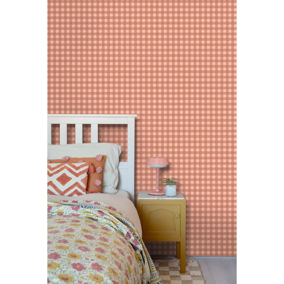 ESTAhome behang geblokt motief terracotta roze - 50 x 900 cm