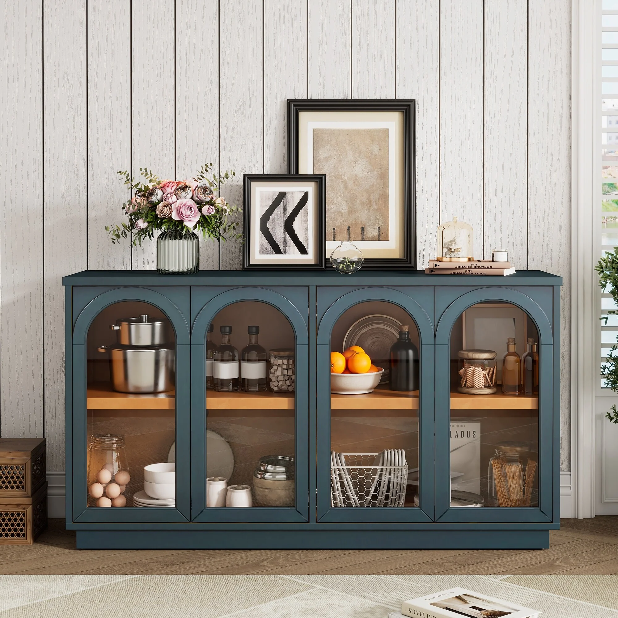 4-Door Large Storage Buffet Cabinet with Glass Doors